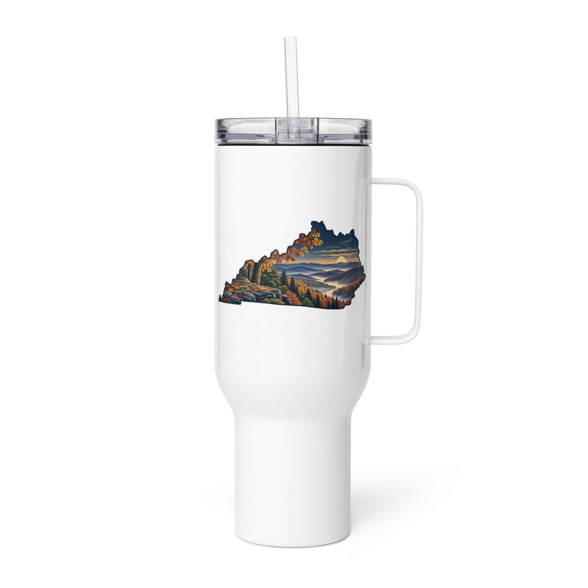 Kentucky Travel Mug: Autumn woodland, Illustrated Kentucky Silhouette