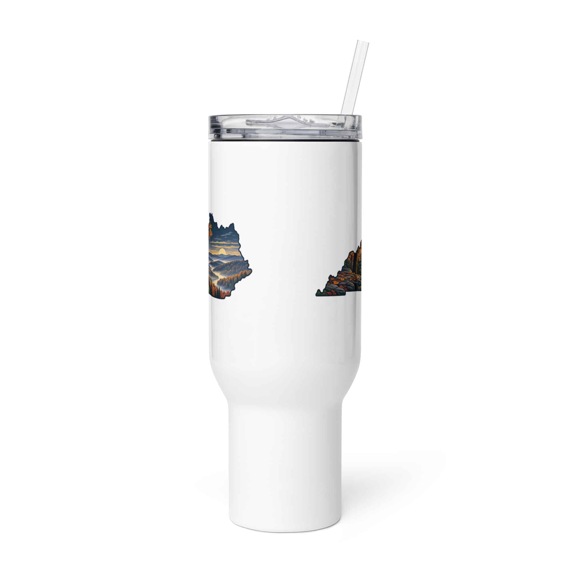 Kentucky Travel Mug: Autumn woodland, Illustrated Kentucky Silhouette