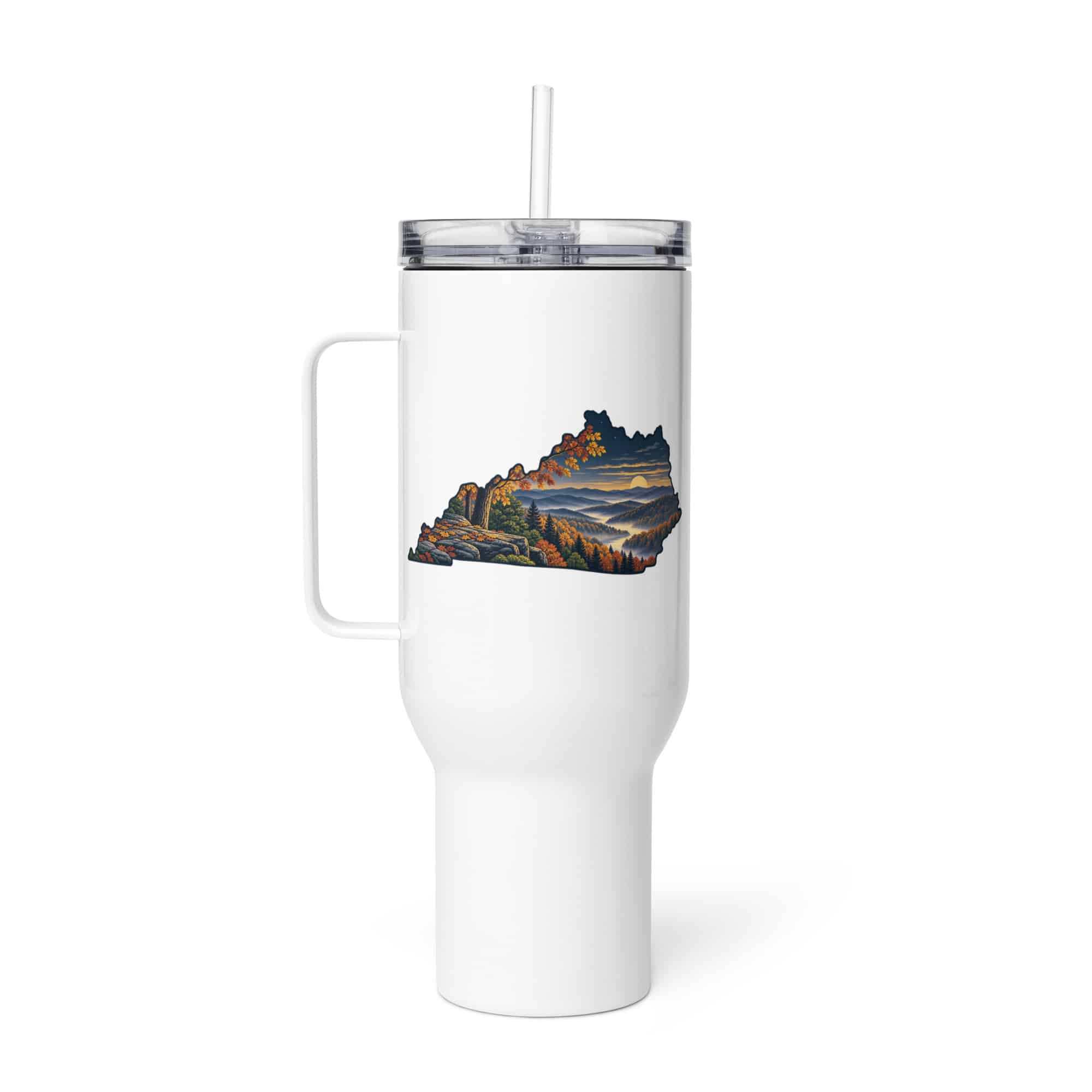 Kentucky Travel Mug: Autumn woodland, Illustrated Kentucky Silhouette