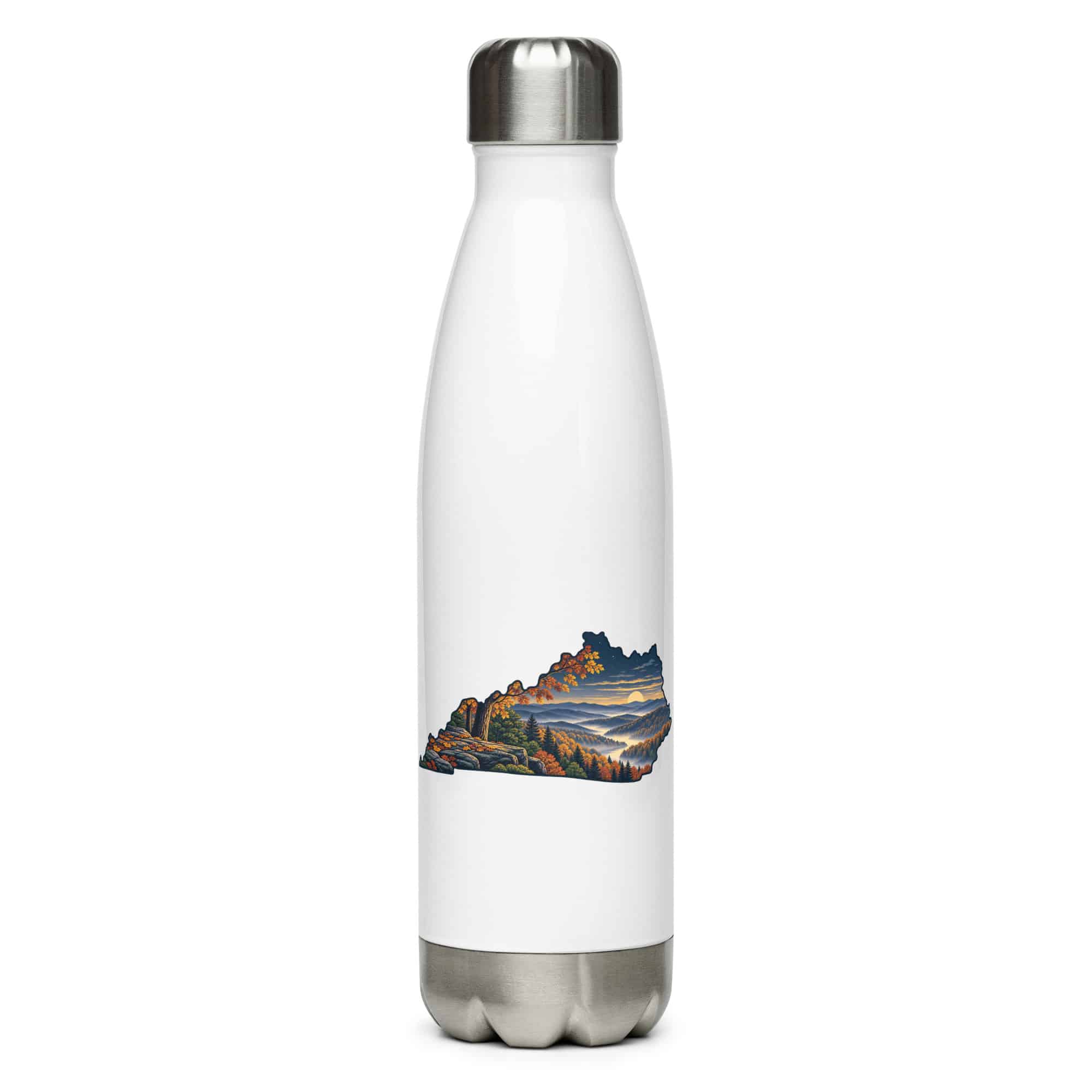 Kentucky Stainless Steel Water Bottle: Autumn woodland, Illustrated Kentucky Silhouette