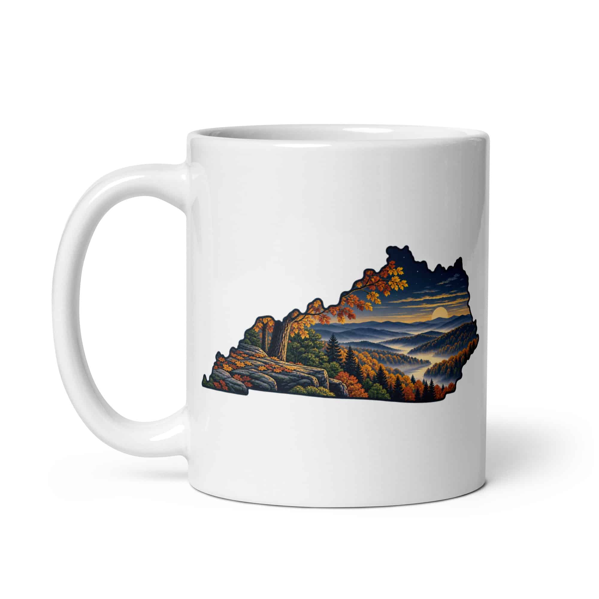 Kentucky White Ceramic Coffee Mug: Autumn woodland, Illustrated Kentucky Silhouette