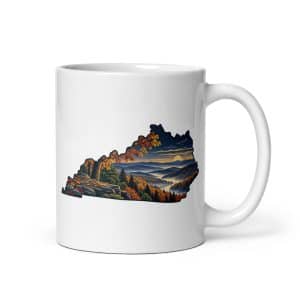 Kentucky White Ceramic Coffee Mug: Autumn woodland, Illustrated Kentucky Silhouette - 11 oz - Main
