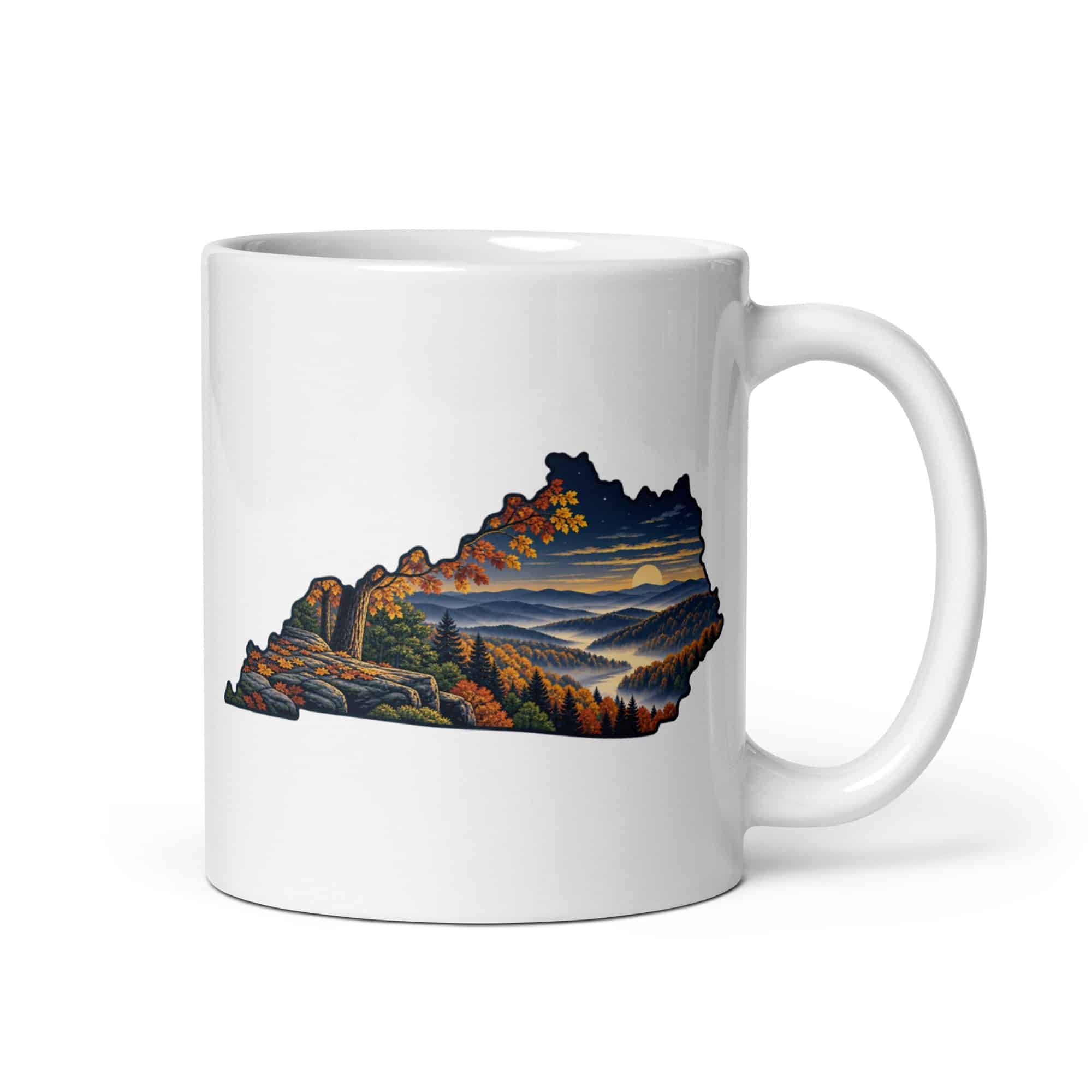 Kentucky White Ceramic Coffee Mug: Autumn woodland, Illustrated Kentucky Silhouette