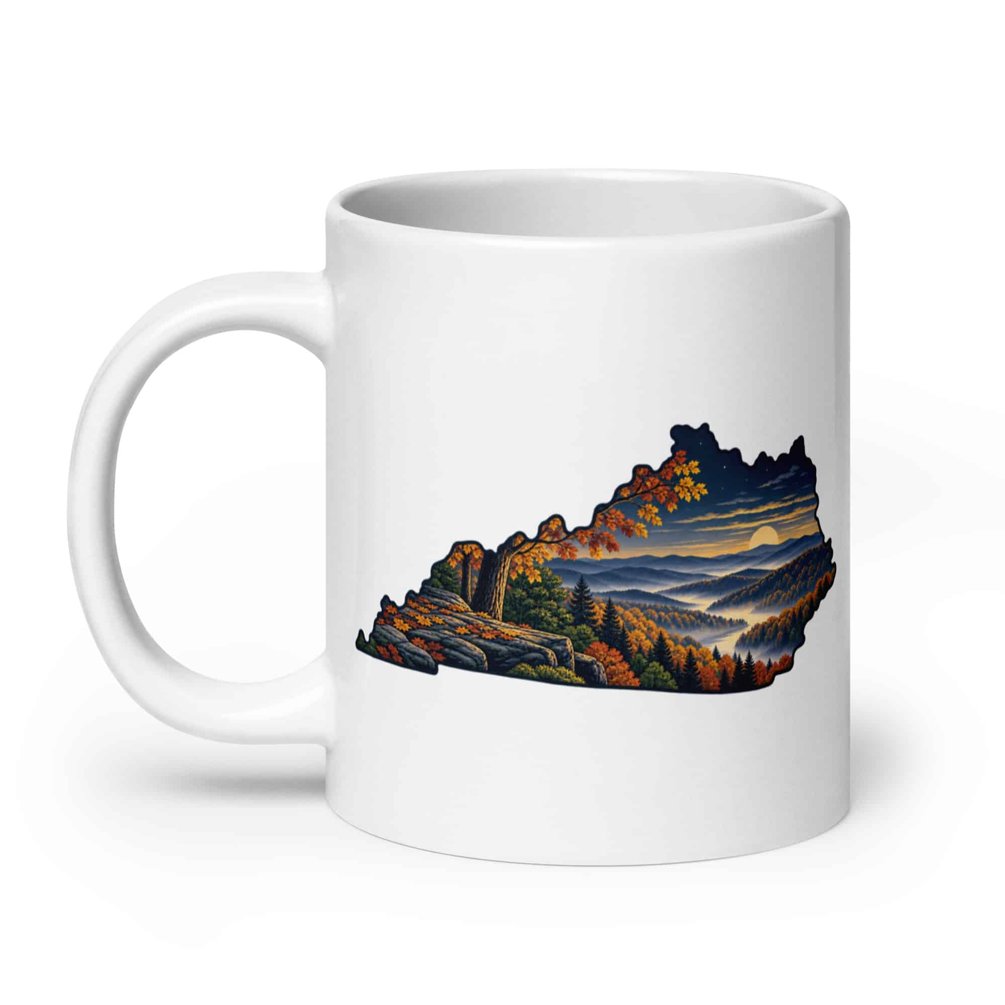 Kentucky White Ceramic Coffee Mug: Autumn woodland, Illustrated Kentucky Silhouette