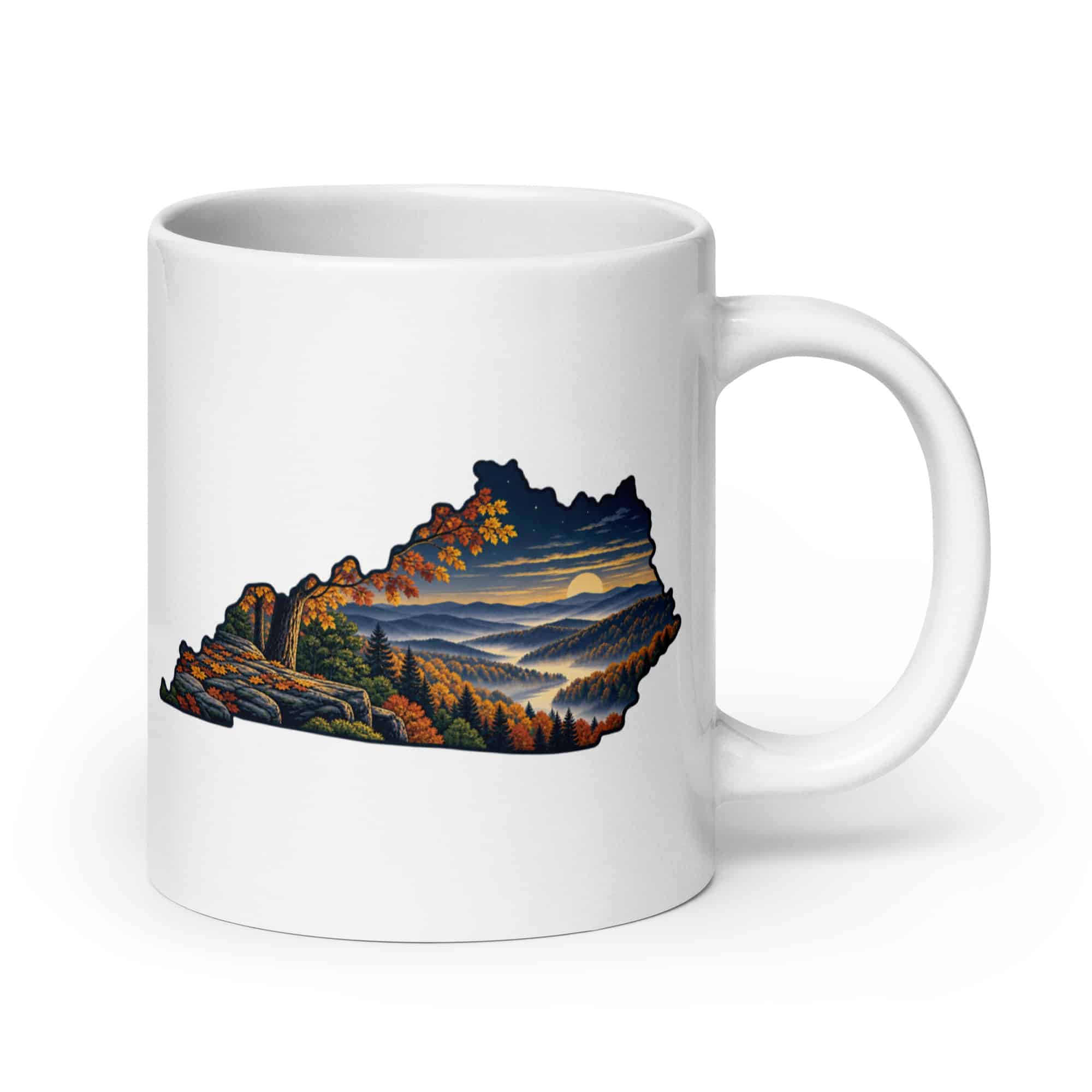 Kentucky White Ceramic Coffee Mug: Autumn woodland, Illustrated Kentucky Silhouette