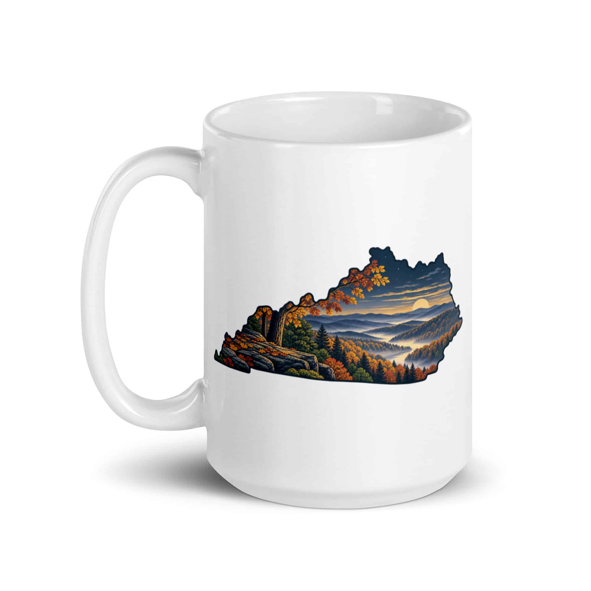 Kentucky White Ceramic Coffee Mug: Autumn woodland, Illustrated Kentucky Silhouette