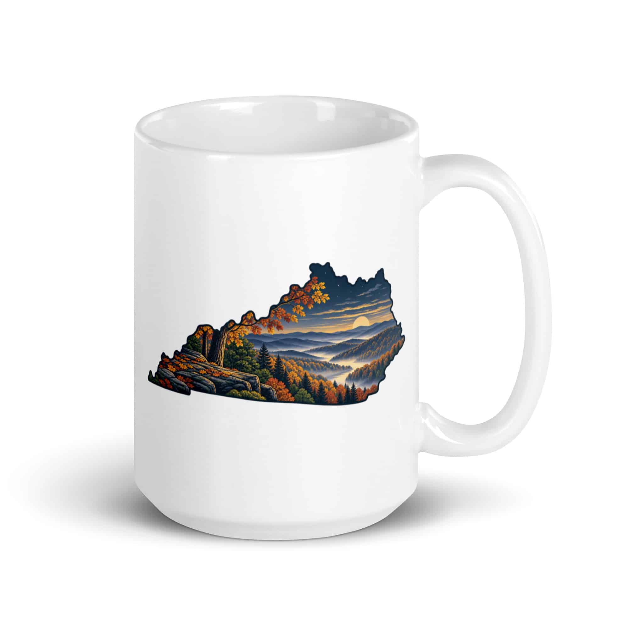 Kentucky White Ceramic Coffee Mug: Autumn woodland, Illustrated Kentucky Silhouette