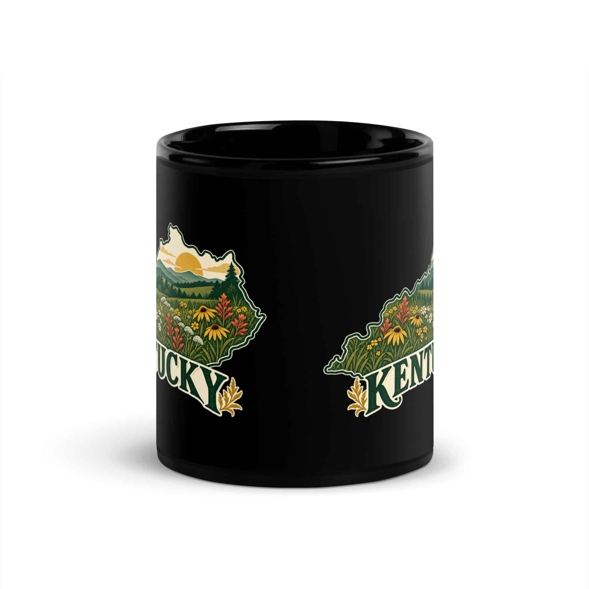Kentucky Black Coffee Mug: Wildflower meadow, Vintage Kentucky Silhouette