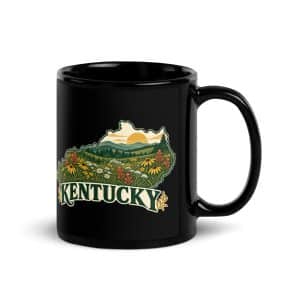 Kentucky Black Coffee Mug: Wildflower meadow, Vintage Kentucky Silhouette - 11 oz - Handle on Right