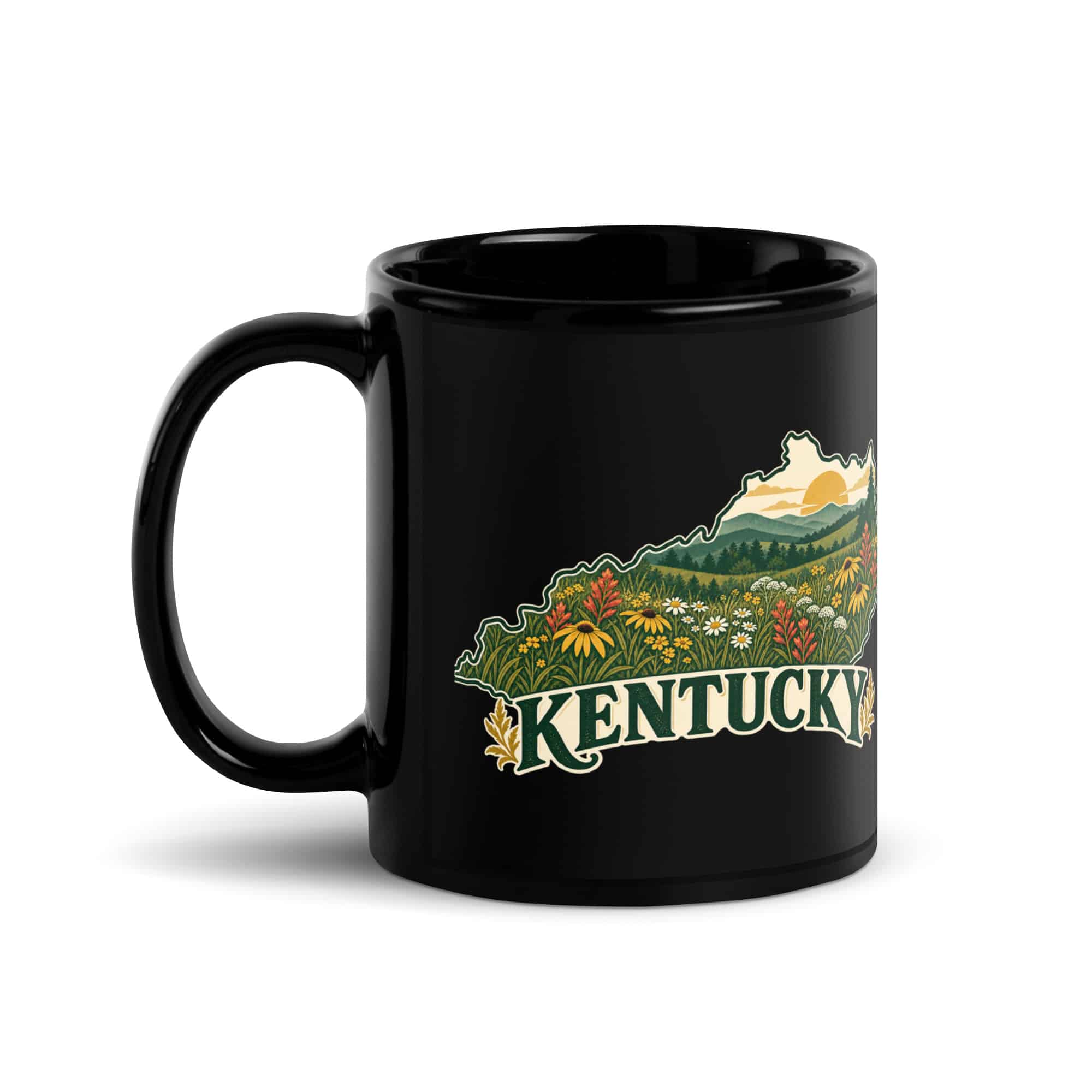 Kentucky Black Coffee Mug: Wildflower meadow, Vintage Kentucky Silhouette