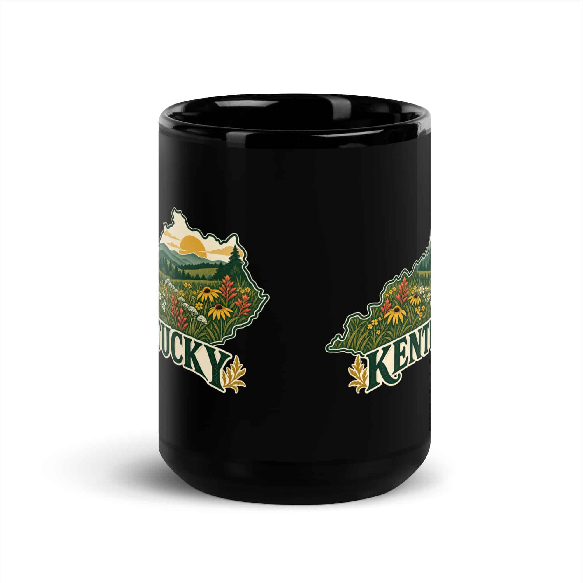 Kentucky Black Coffee Mug: Wildflower meadow, Vintage Kentucky Silhouette