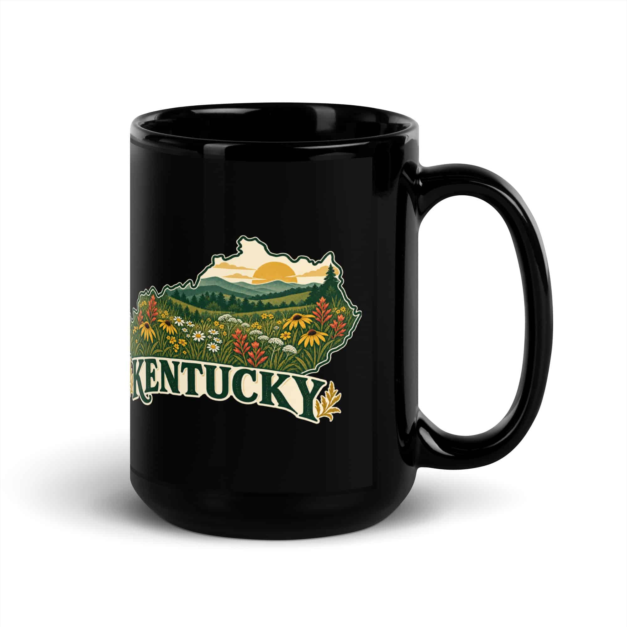 Kentucky Black Coffee Mug: Wildflower meadow, Vintage Kentucky Silhouette