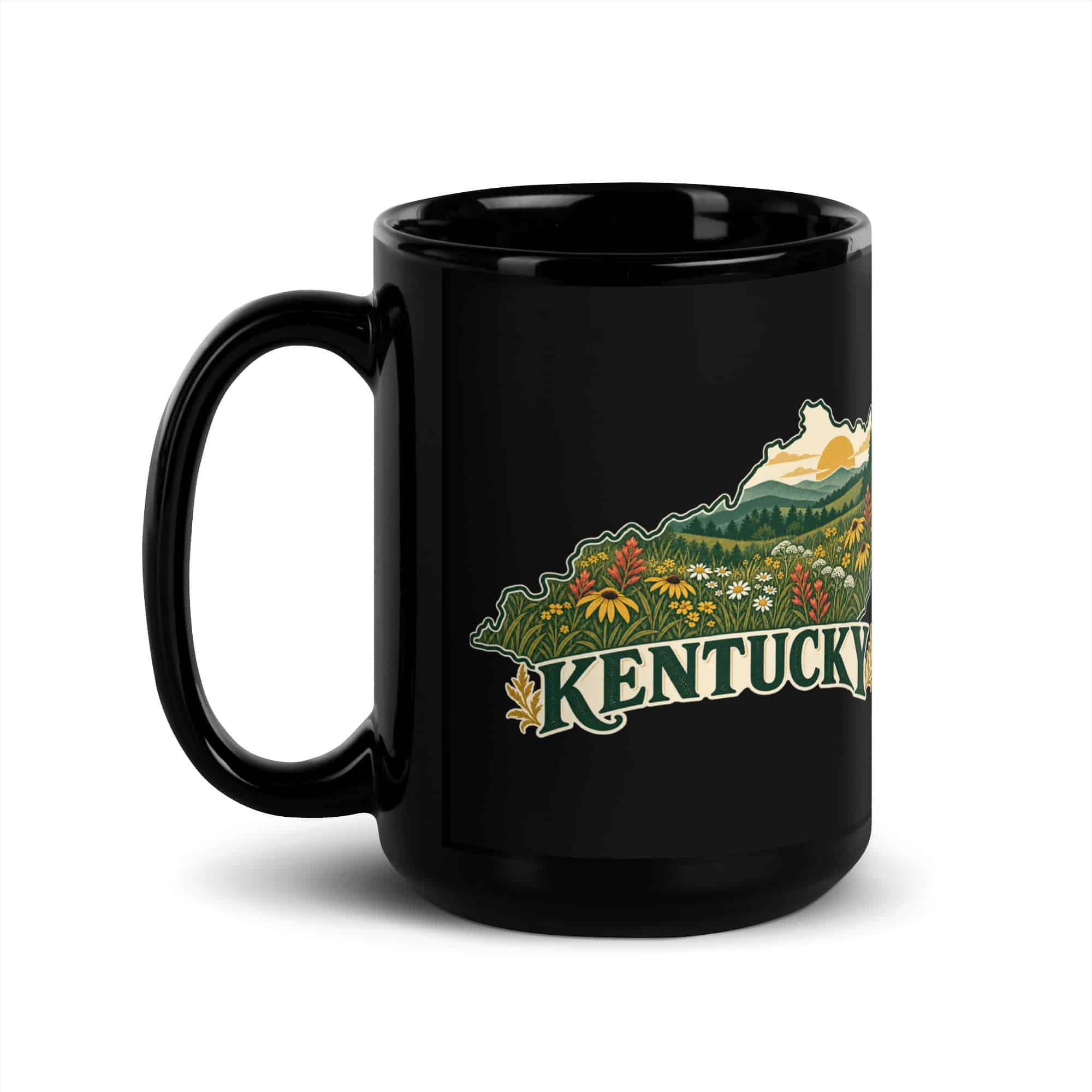 Kentucky Black Coffee Mug: Wildflower meadow, Vintage Kentucky Silhouette