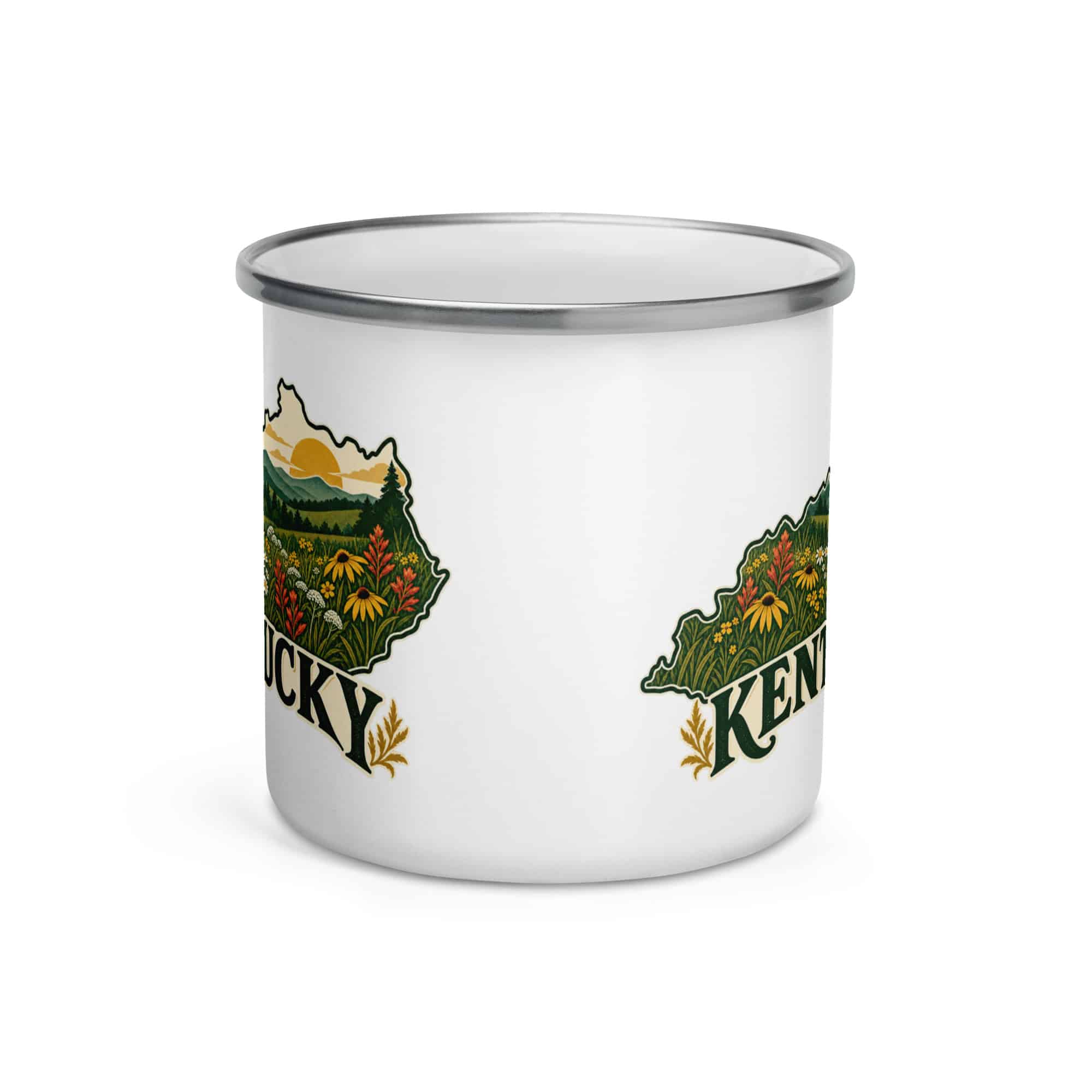 Kentucky Enamel Camp Mug: Wildflower meadow, Vintage Kentucky Silhouette
