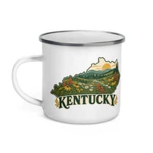 Kentucky Enamel Camp Mug: Wildflower meadow, Vintage Kentucky Silhouette - 12 oz - Left
