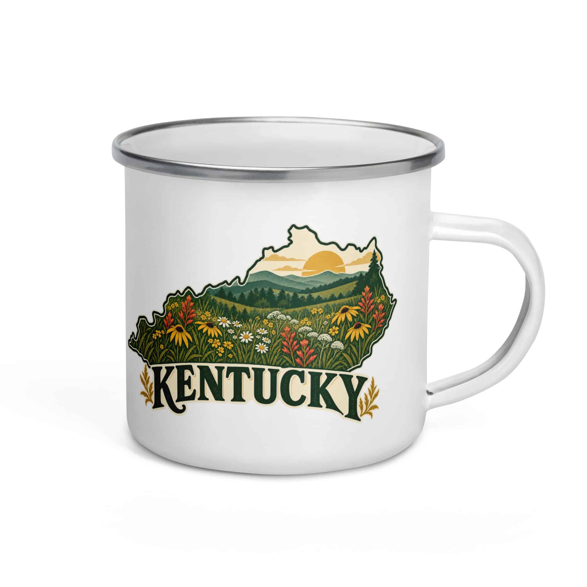 Kentucky Enamel Camp Mug: Wildflower meadow, Vintage Kentucky Silhouette