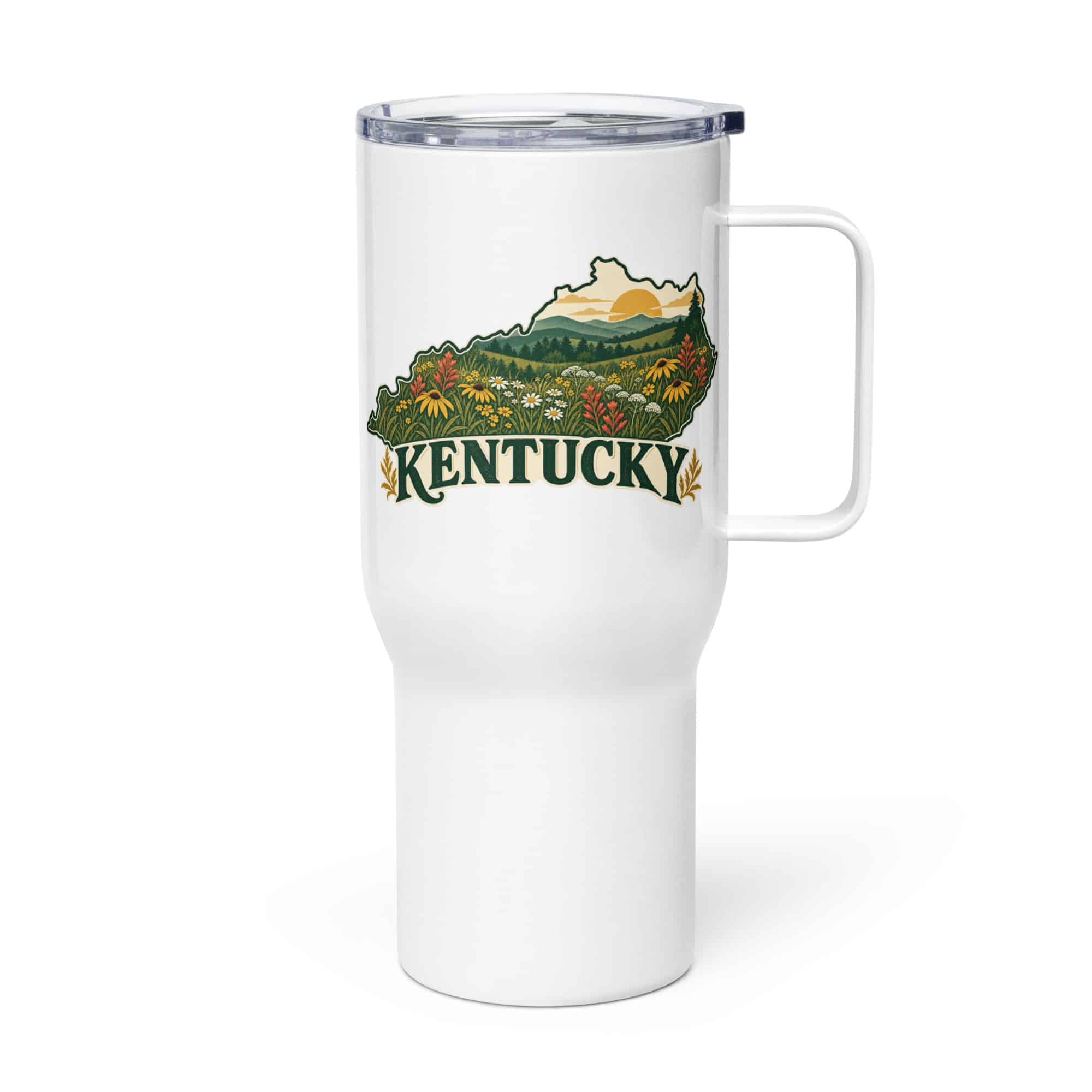 Kentucky Travel Mug: Wildflower meadow, Vintage Kentucky Silhouette