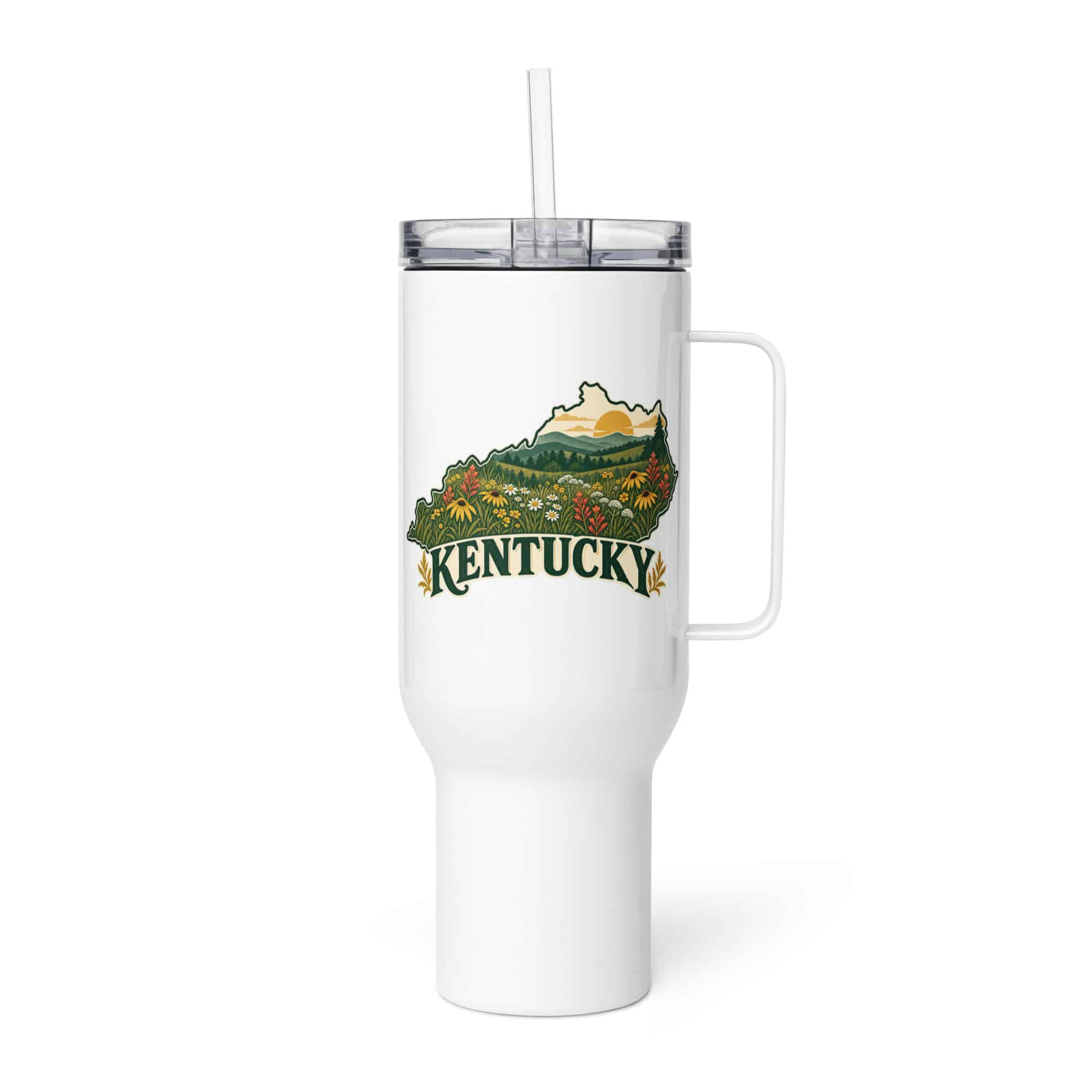 Kentucky Travel Mug: Wildflower meadow, Vintage Kentucky Silhouette