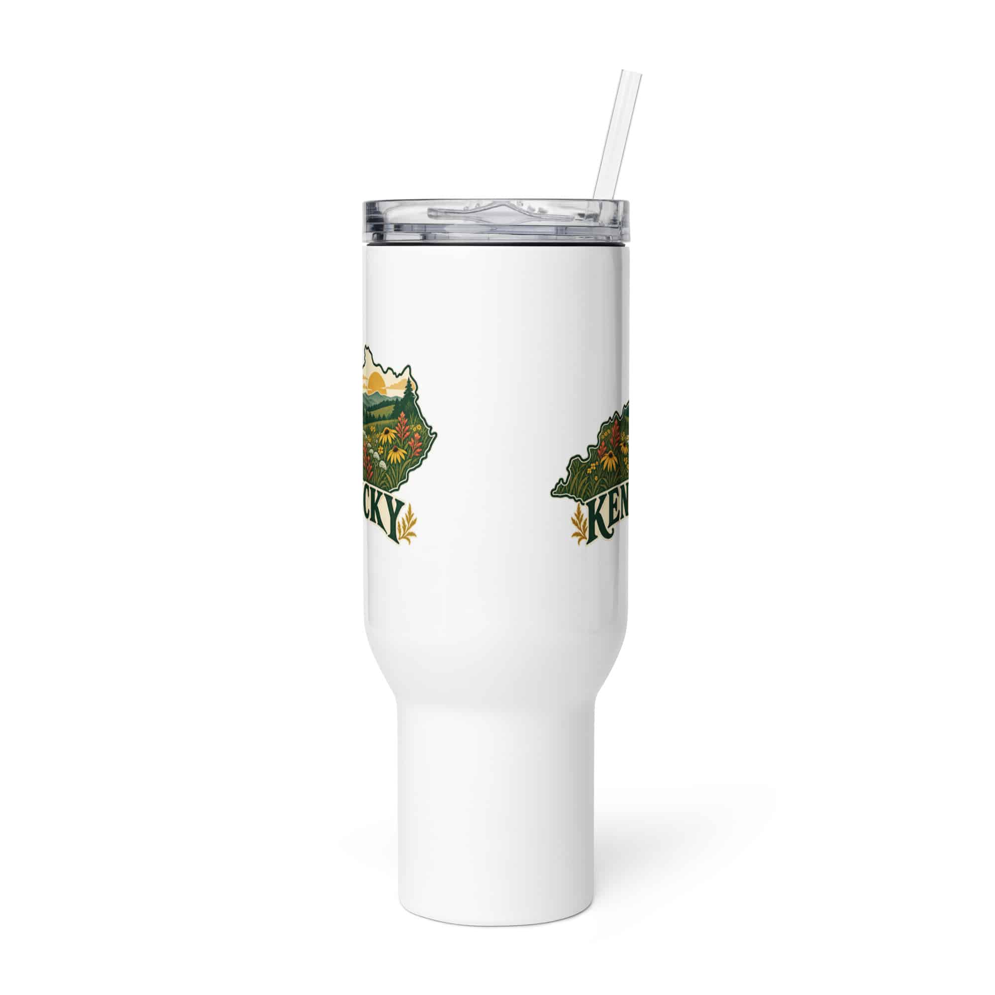 Kentucky Travel Mug: Wildflower meadow, Vintage Kentucky Silhouette