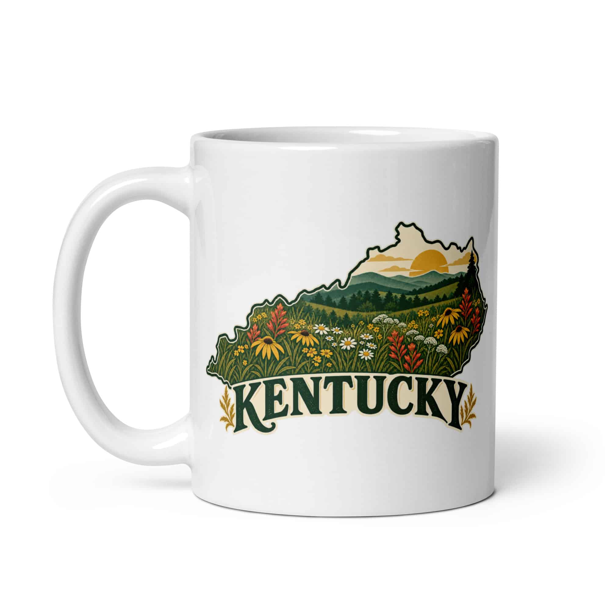 Kentucky White Ceramic Coffee Mug: Wildflower meadow, Vintage Kentucky Silhouette