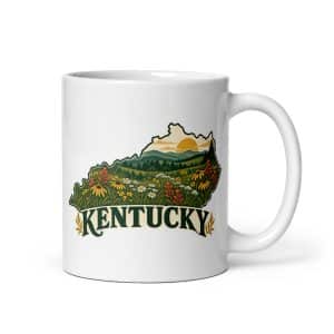 Kentucky White Ceramic Coffee Mug: Wildflower meadow, Vintage Kentucky Silhouette - 11 oz - Main