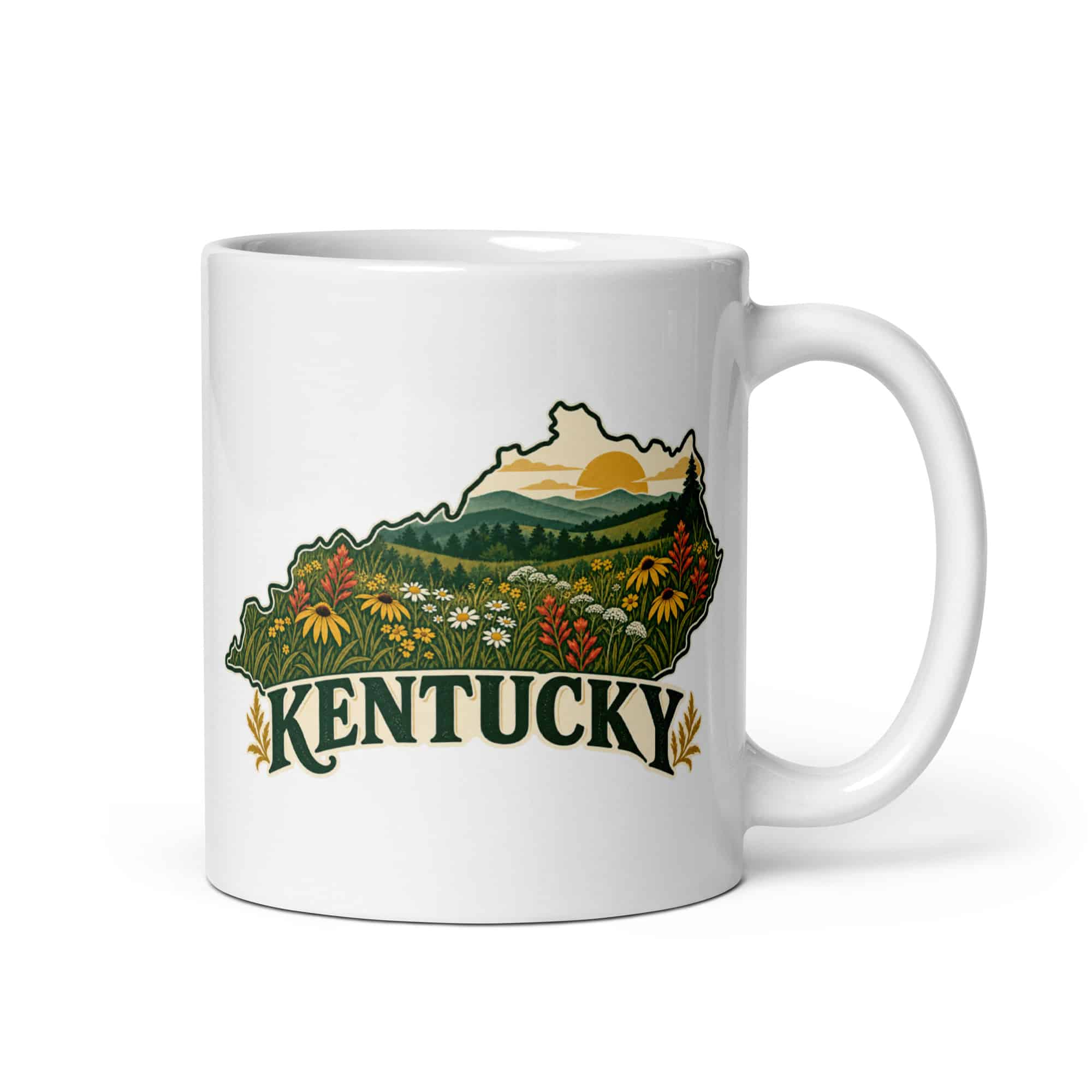Kentucky White Ceramic Coffee Mug: Wildflower meadow, Vintage Kentucky Silhouette