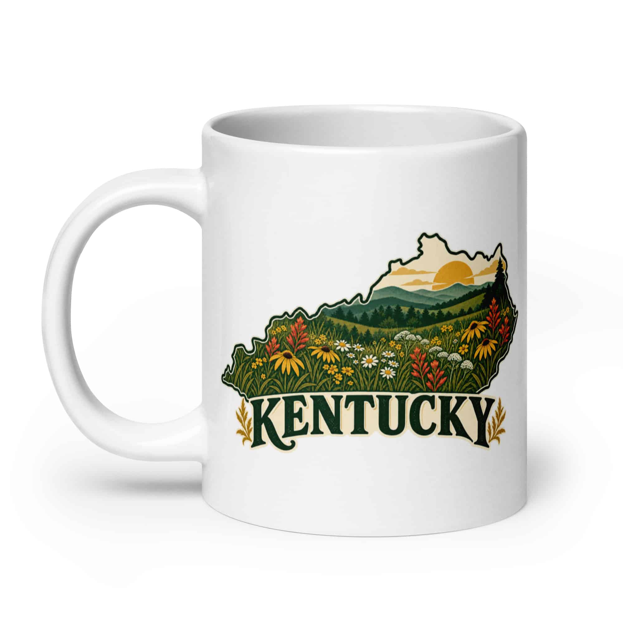 Kentucky White Ceramic Coffee Mug: Wildflower meadow, Vintage Kentucky Silhouette