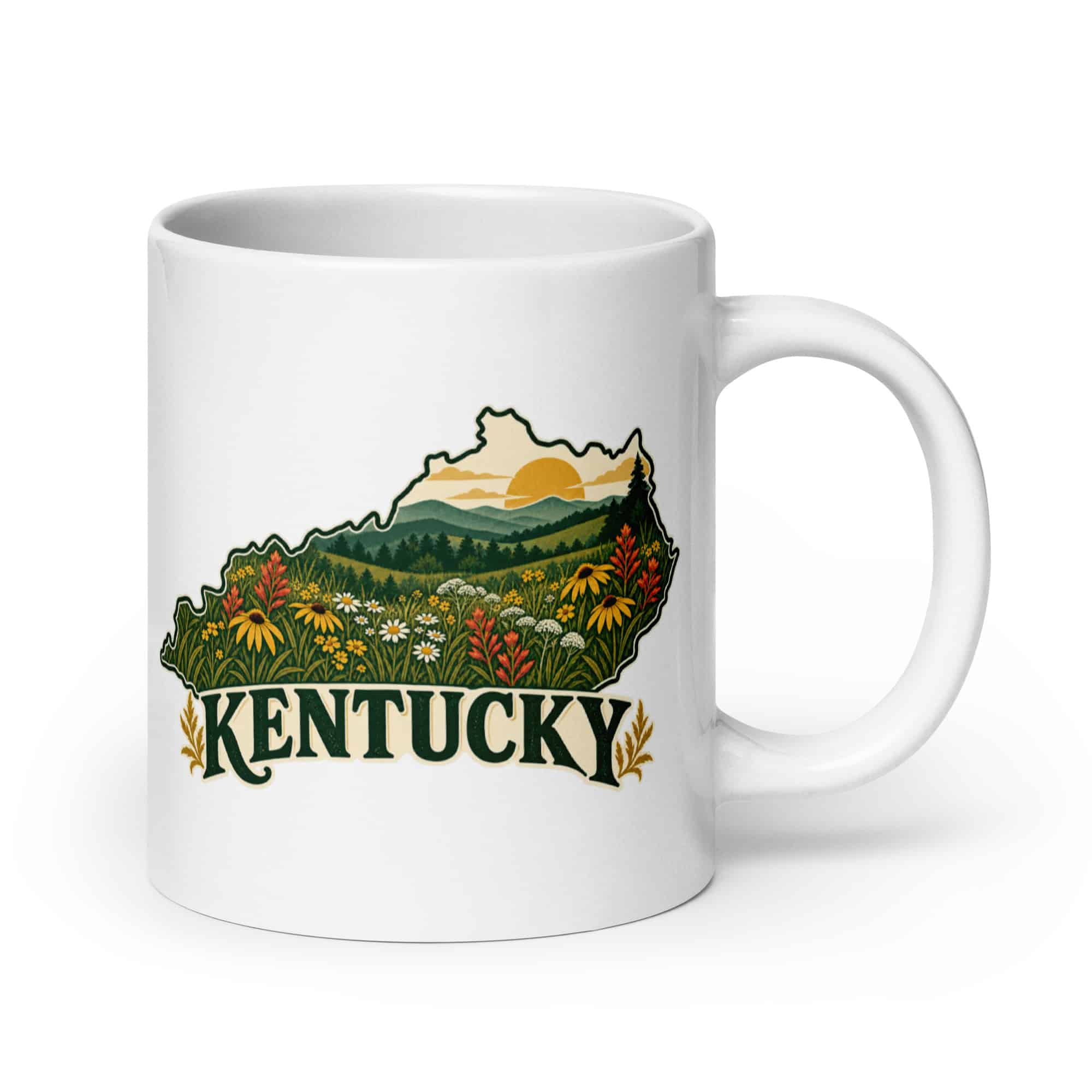 Kentucky White Ceramic Coffee Mug: Wildflower meadow, Vintage Kentucky Silhouette