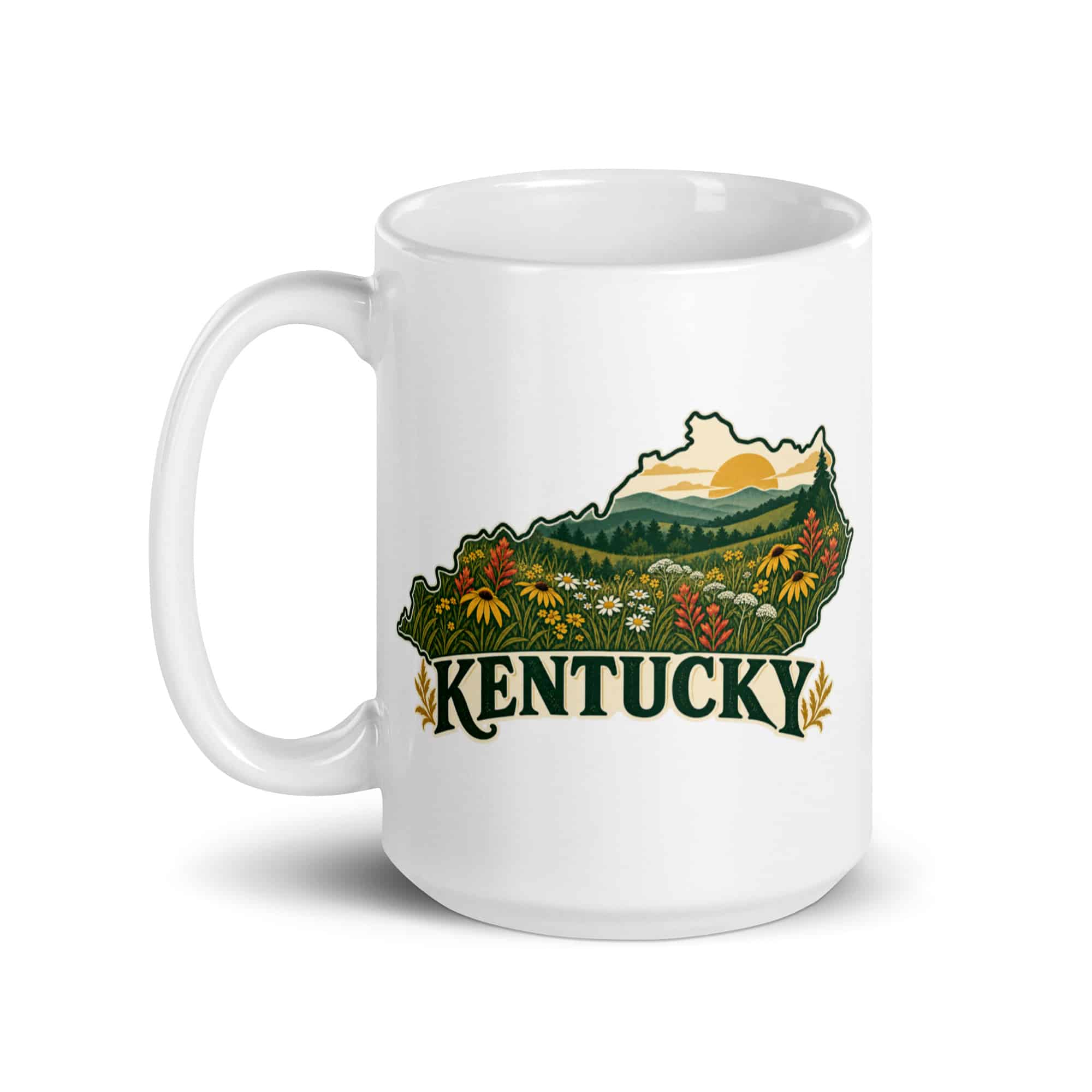Kentucky White Ceramic Coffee Mug: Wildflower meadow, Vintage Kentucky Silhouette