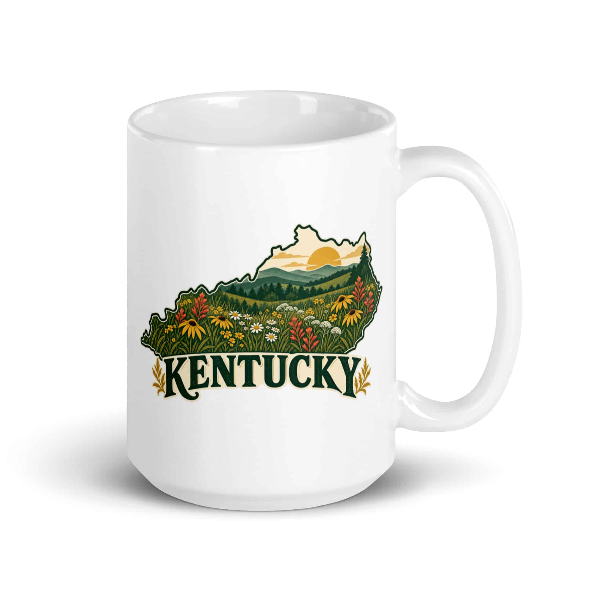 Kentucky White Ceramic Coffee Mug: Wildflower meadow, Vintage Kentucky Silhouette