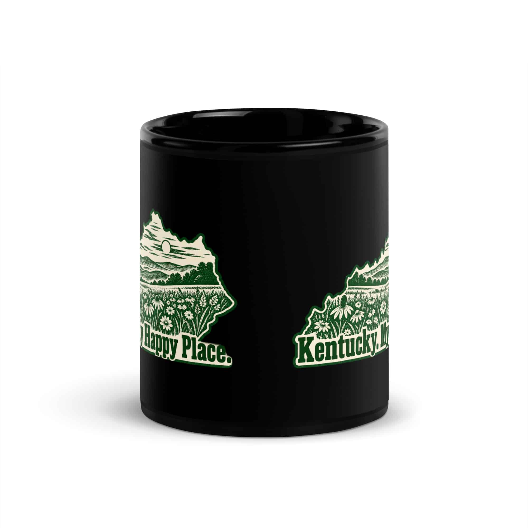 Kentucky Black Coffee Mug: Wildflower meadow, Woodcut Kentucky Silhouette