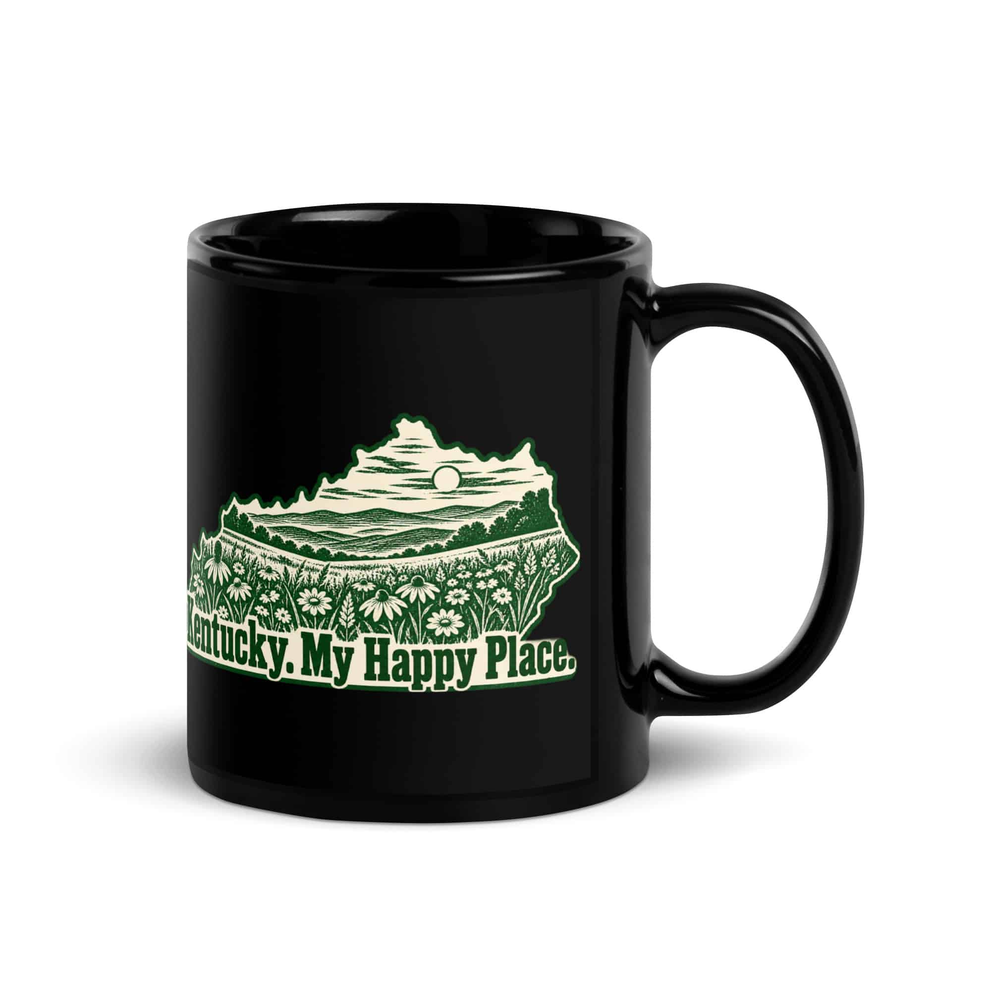 Kentucky Black Coffee Mug: Wildflower meadow, Woodcut Kentucky Silhouette