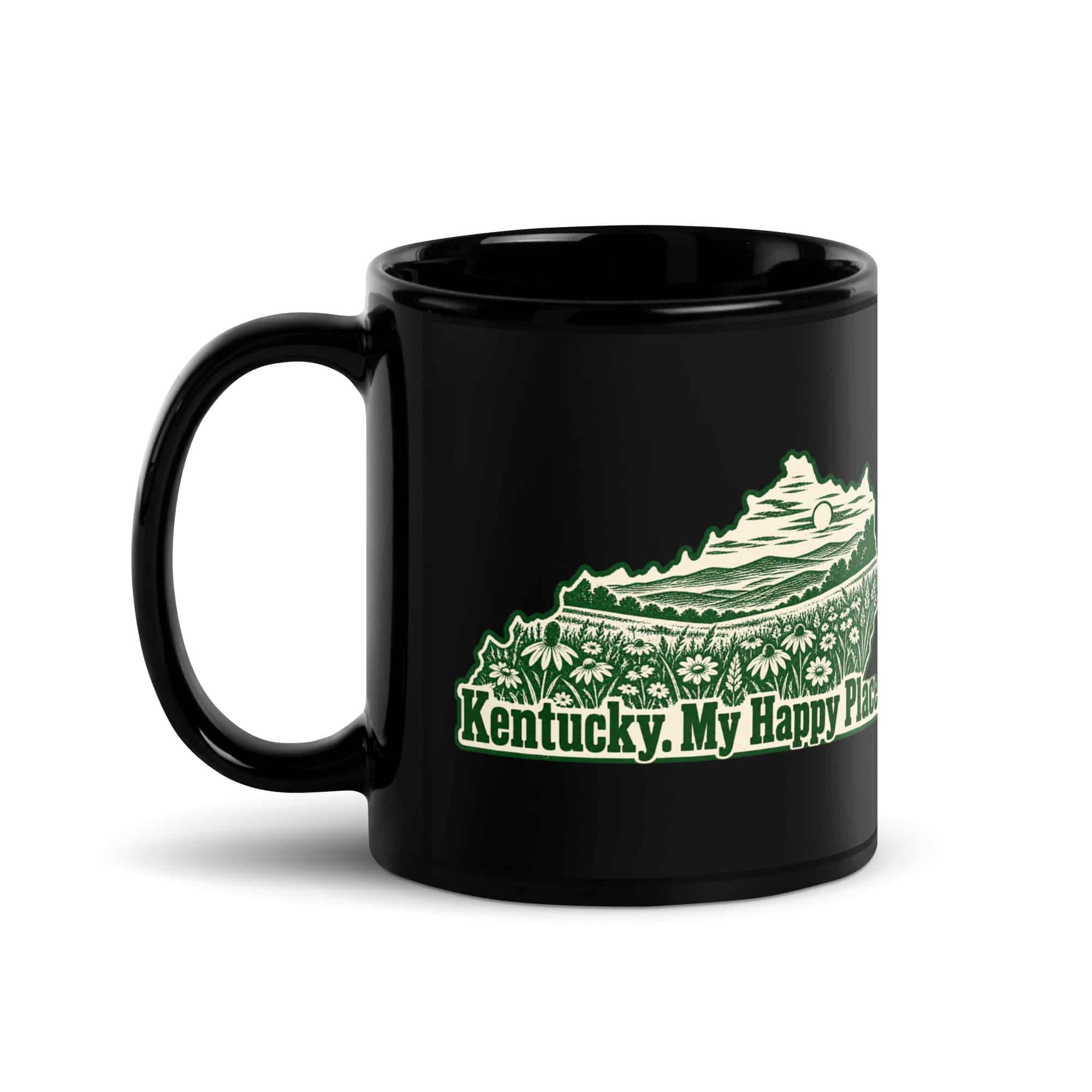 Kentucky Black Coffee Mug: Wildflower meadow, Woodcut Kentucky Silhouette