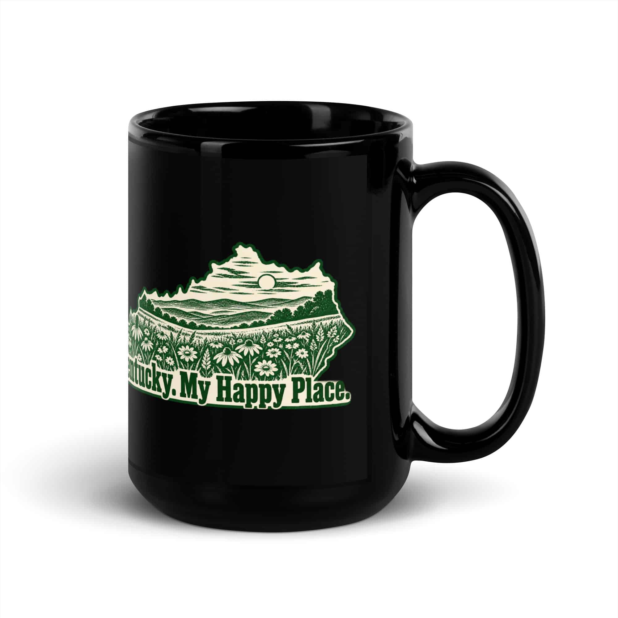 Kentucky Black Coffee Mug: Wildflower meadow, Woodcut Kentucky Silhouette