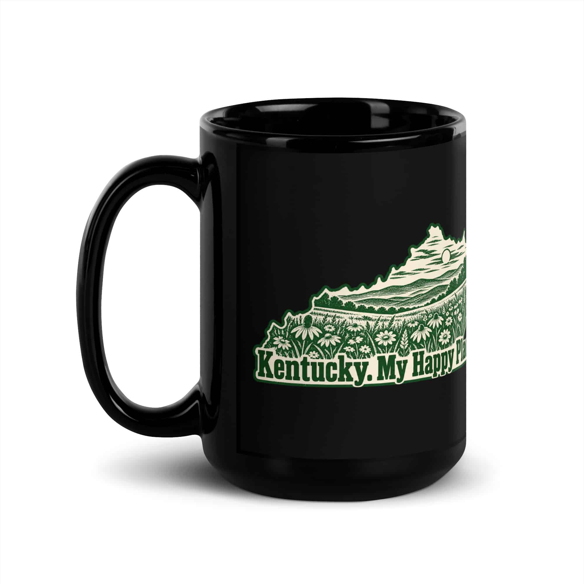 Kentucky Black Coffee Mug: Wildflower meadow, Woodcut Kentucky Silhouette