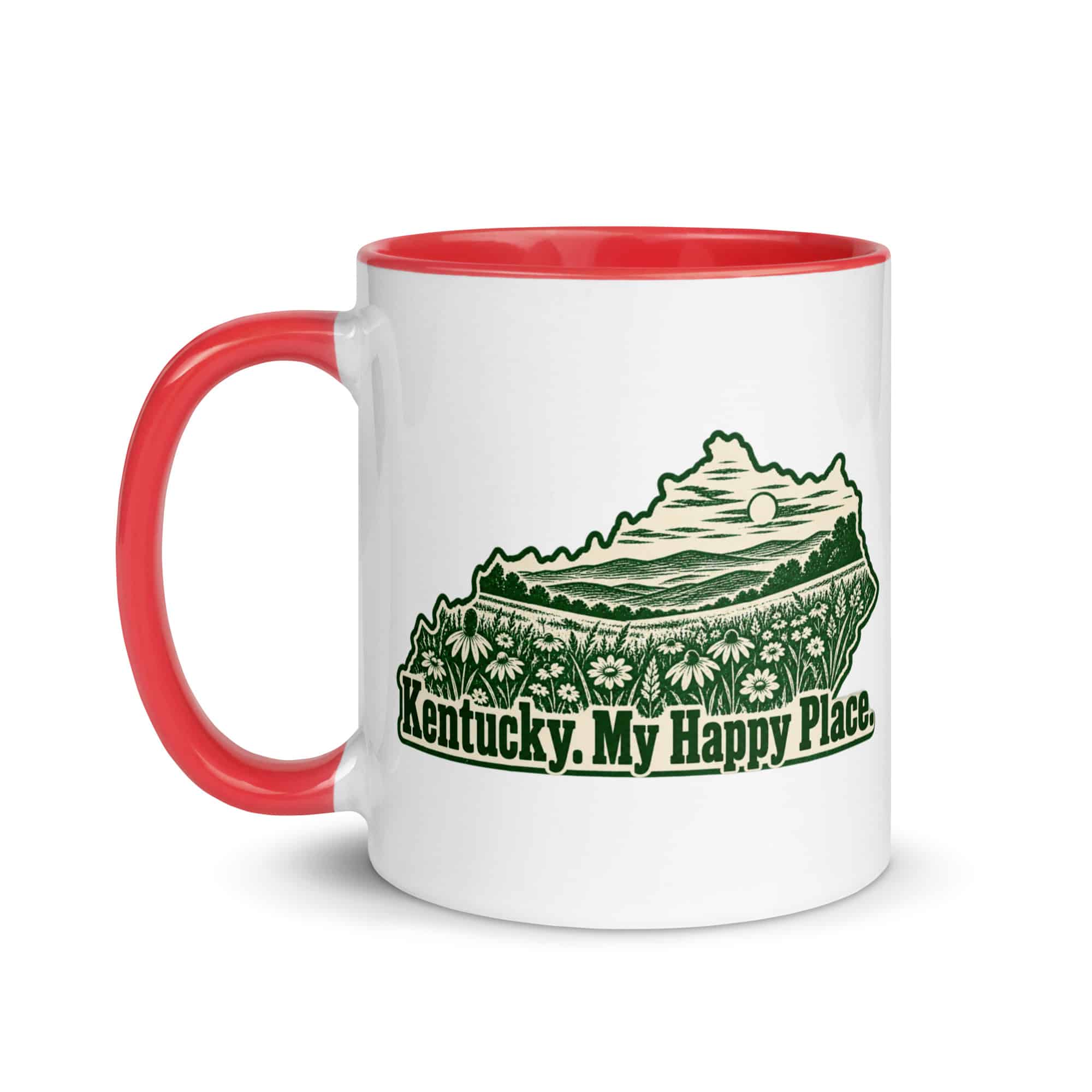 Kentucky Color Inside Coffee Mug: Wildflower meadow, Woodcut Kentucky Silhouette