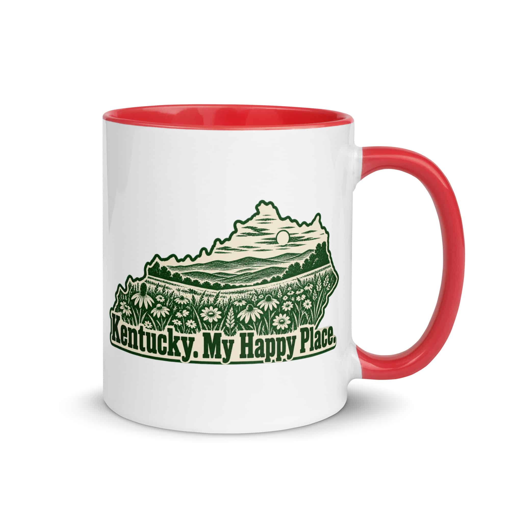 Kentucky Color Inside Coffee Mug: Wildflower meadow, Woodcut Kentucky Silhouette