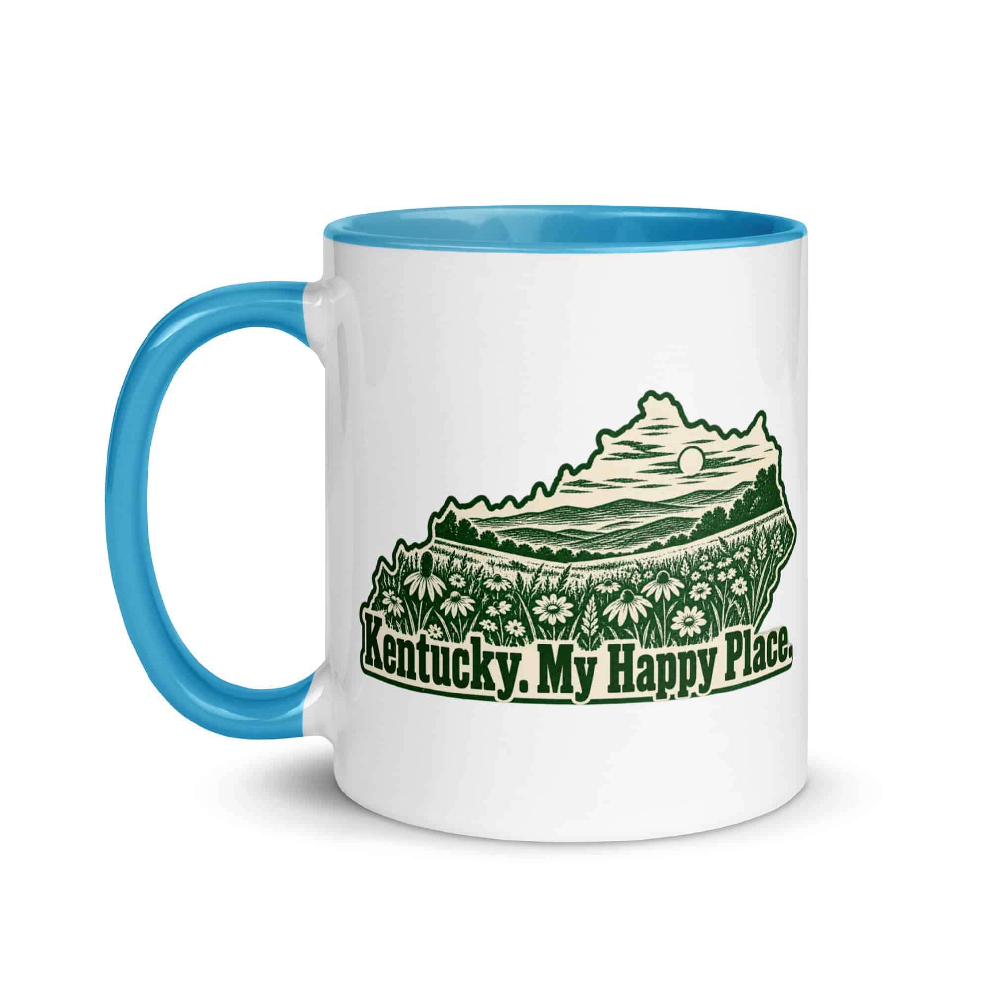 Kentucky Color Inside Coffee Mug: Wildflower meadow, Woodcut Kentucky Silhouette