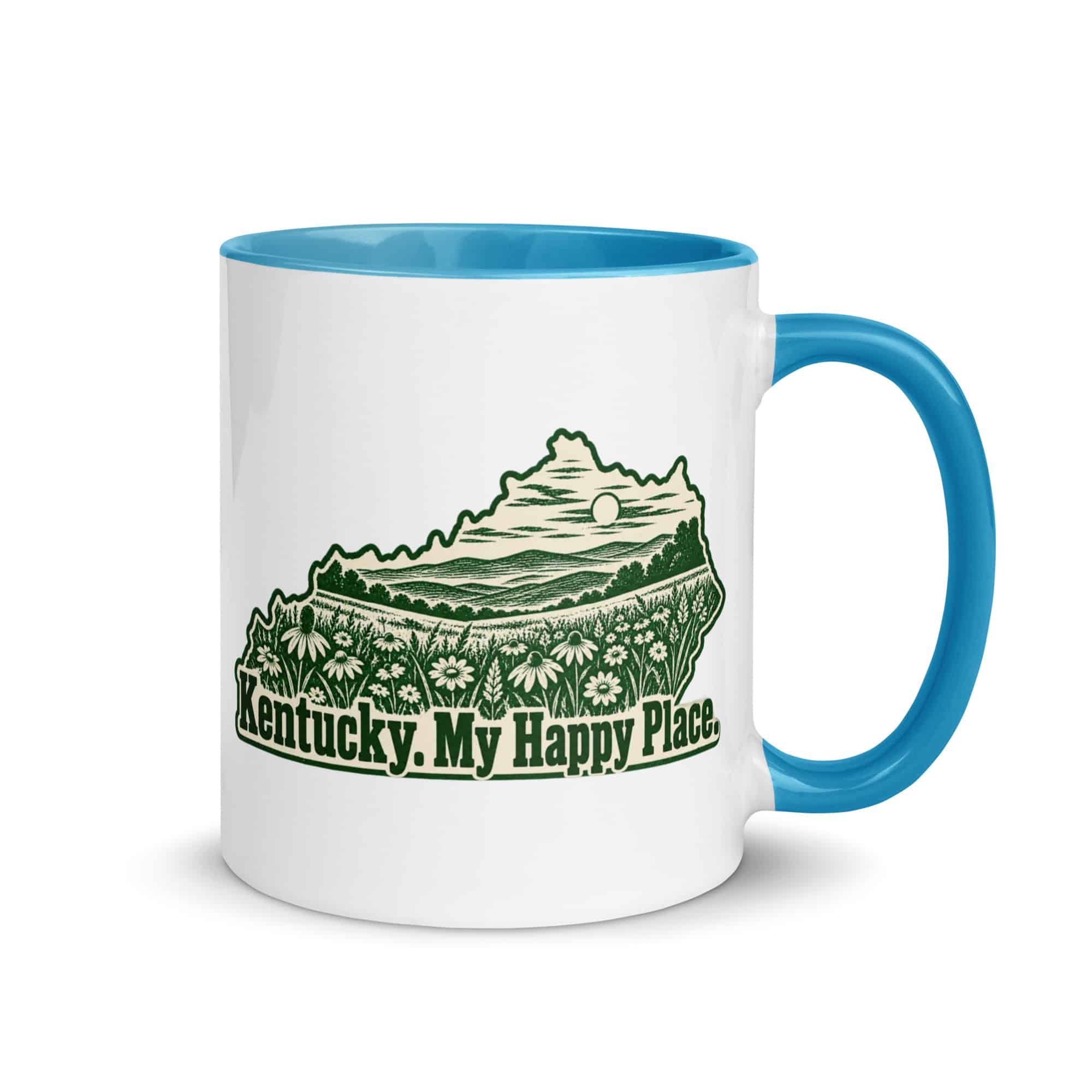 Kentucky Color Inside Coffee Mug: Wildflower meadow, Woodcut Kentucky Silhouette