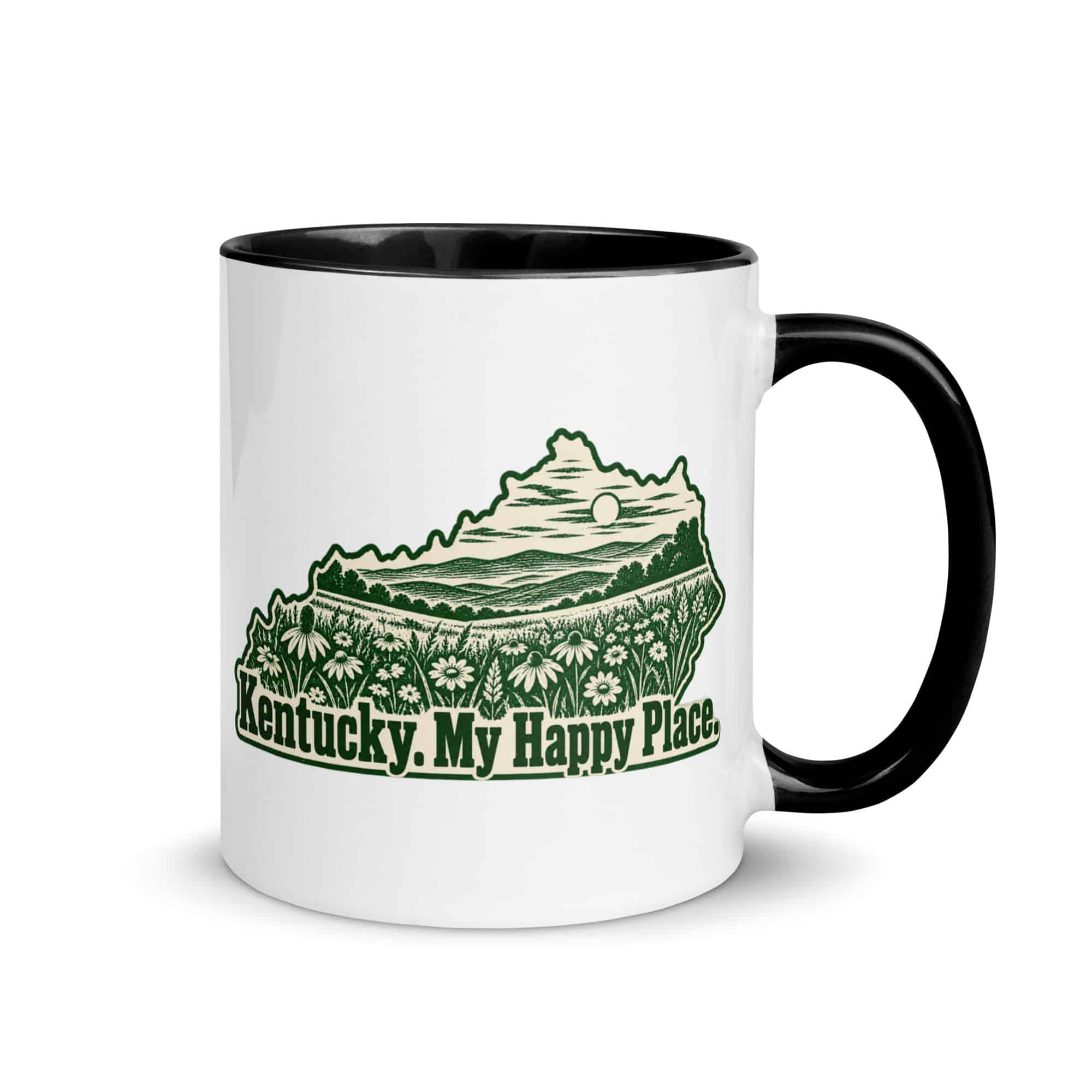 Kentucky Color Inside Coffee Mug: Wildflower meadow, Woodcut Kentucky Silhouette