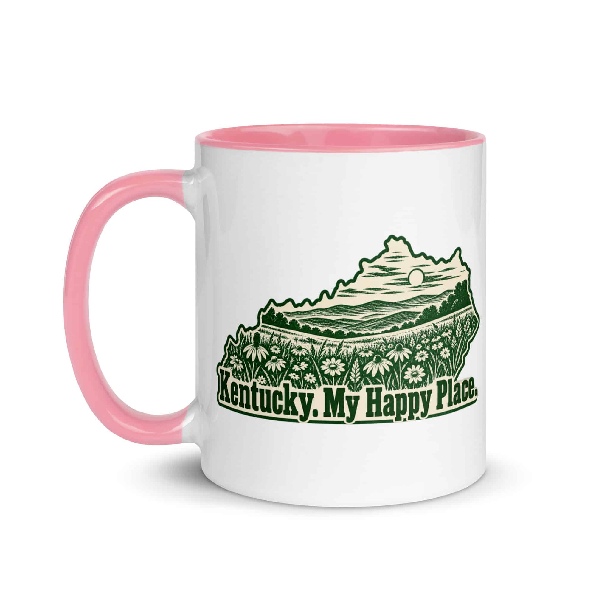 Kentucky Color Inside Coffee Mug: Wildflower meadow, Woodcut Kentucky Silhouette