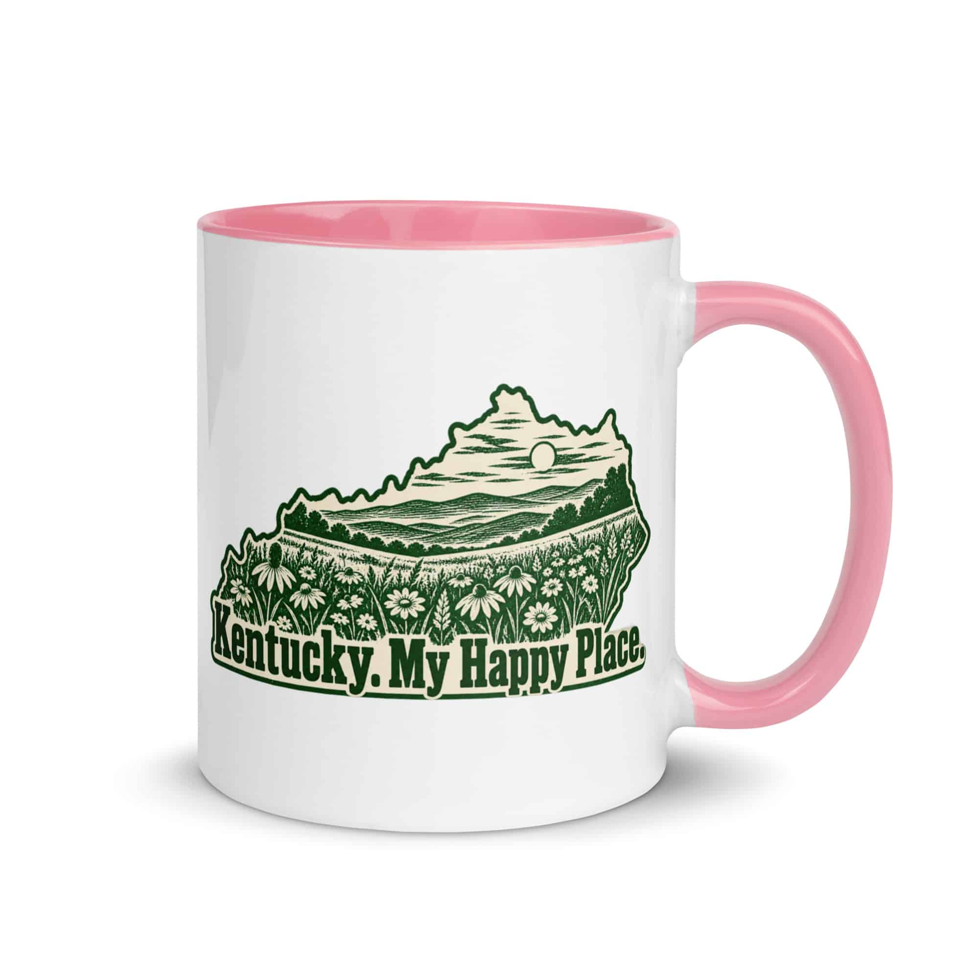 Kentucky Color Inside Coffee Mug: Wildflower meadow, Woodcut Kentucky Silhouette