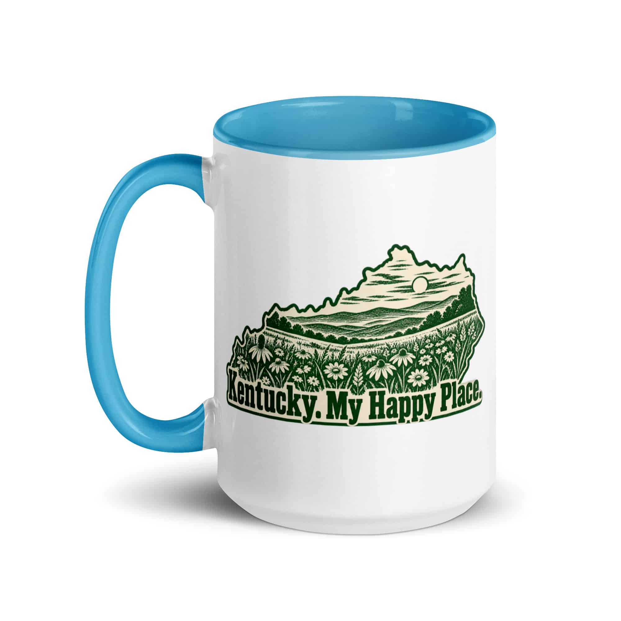 Kentucky Color Inside Coffee Mug: Wildflower meadow, Woodcut Kentucky Silhouette