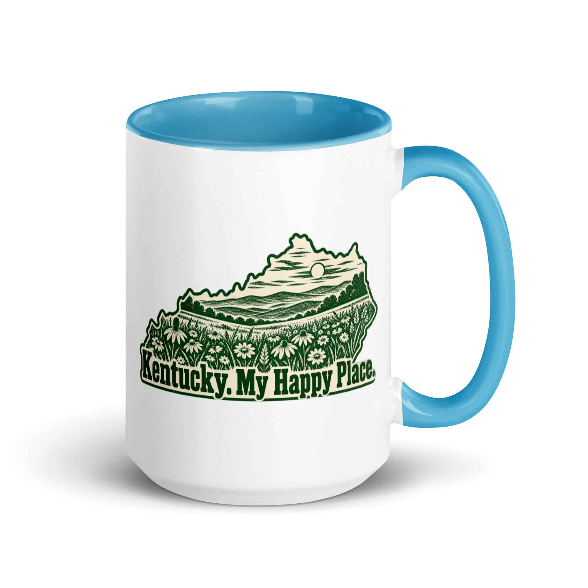 Kentucky Color Inside Coffee Mug: Wildflower meadow, Woodcut Kentucky Silhouette