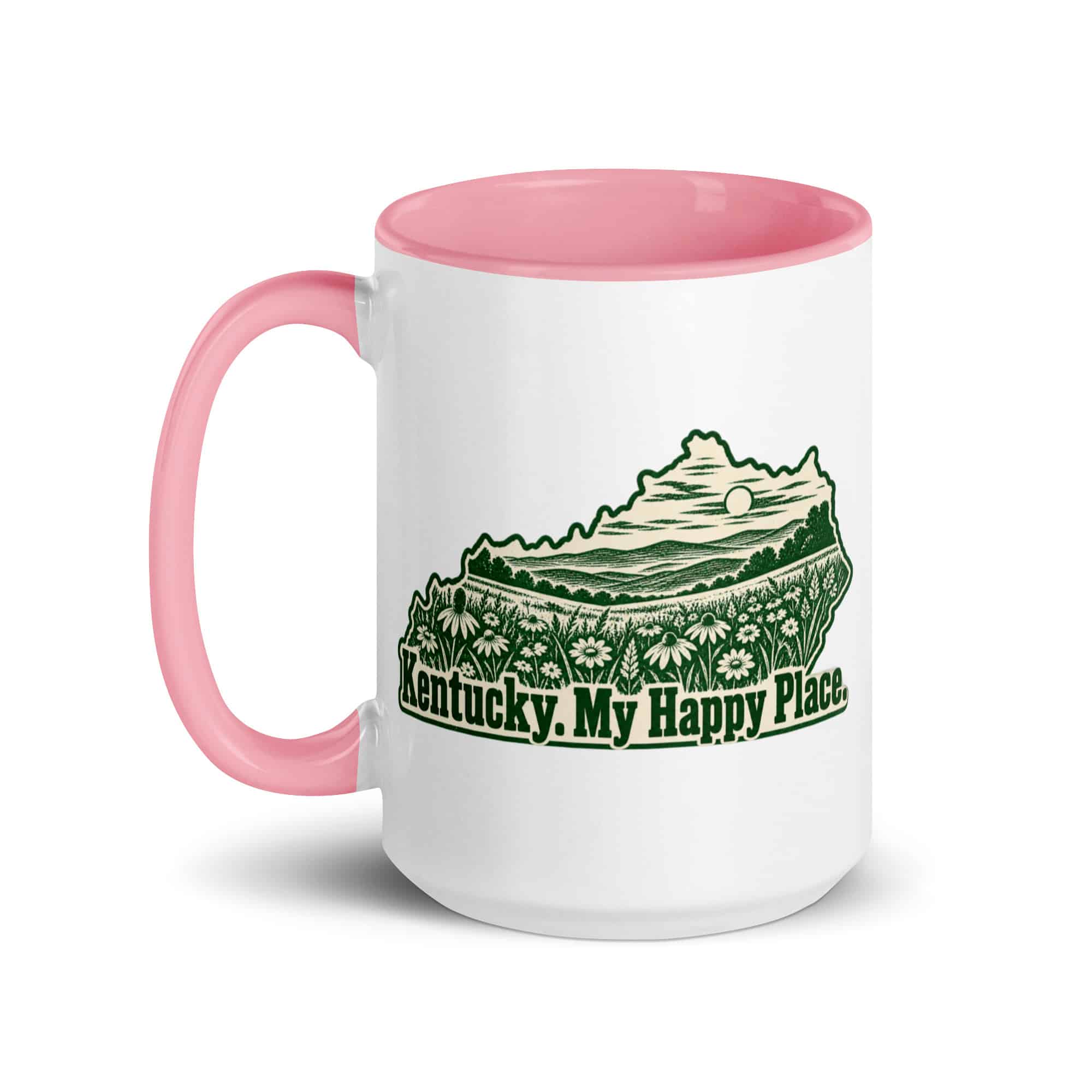 Kentucky Color Inside Coffee Mug: Wildflower meadow, Woodcut Kentucky Silhouette