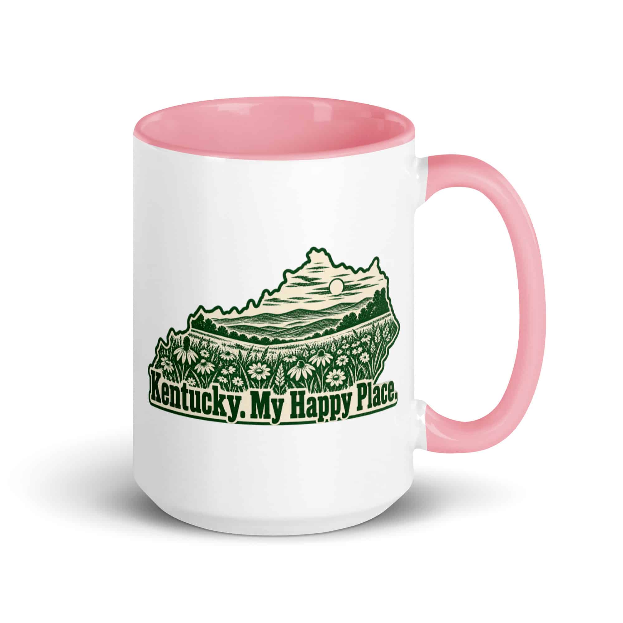 Kentucky Color Inside Coffee Mug: Wildflower meadow, Woodcut Kentucky Silhouette