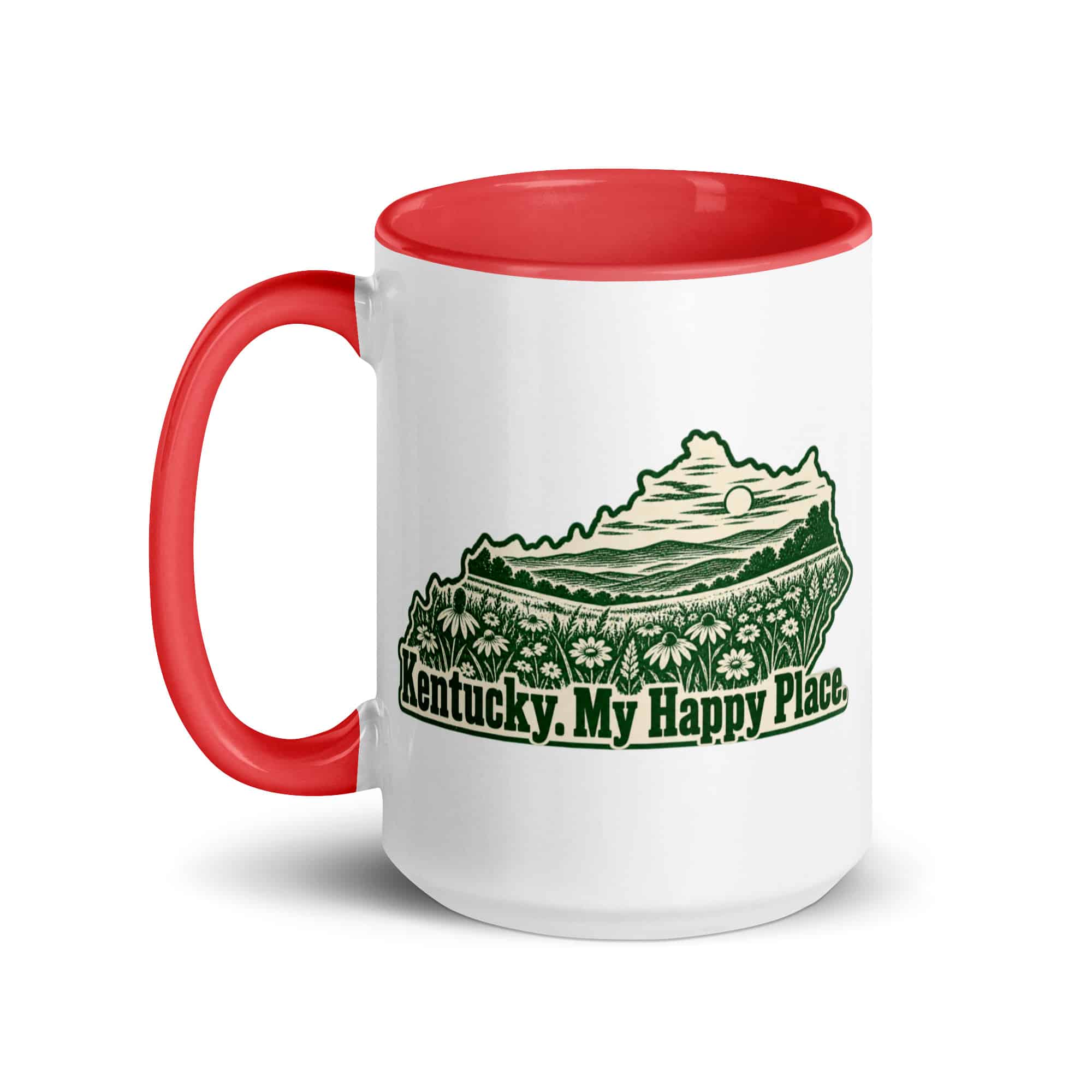Kentucky Color Inside Coffee Mug: Wildflower meadow, Woodcut Kentucky Silhouette