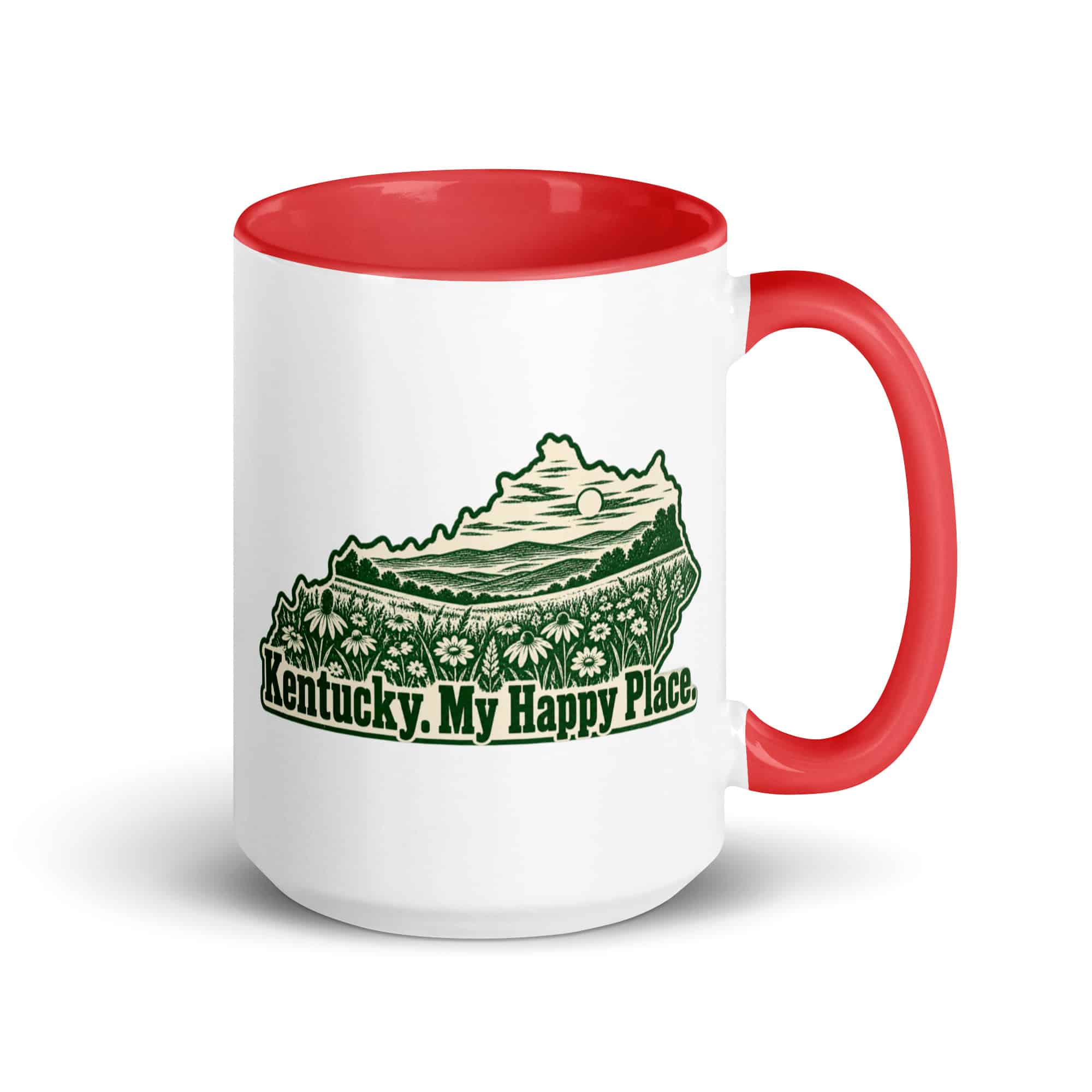 Kentucky Color Inside Coffee Mug: Wildflower meadow, Woodcut Kentucky Silhouette