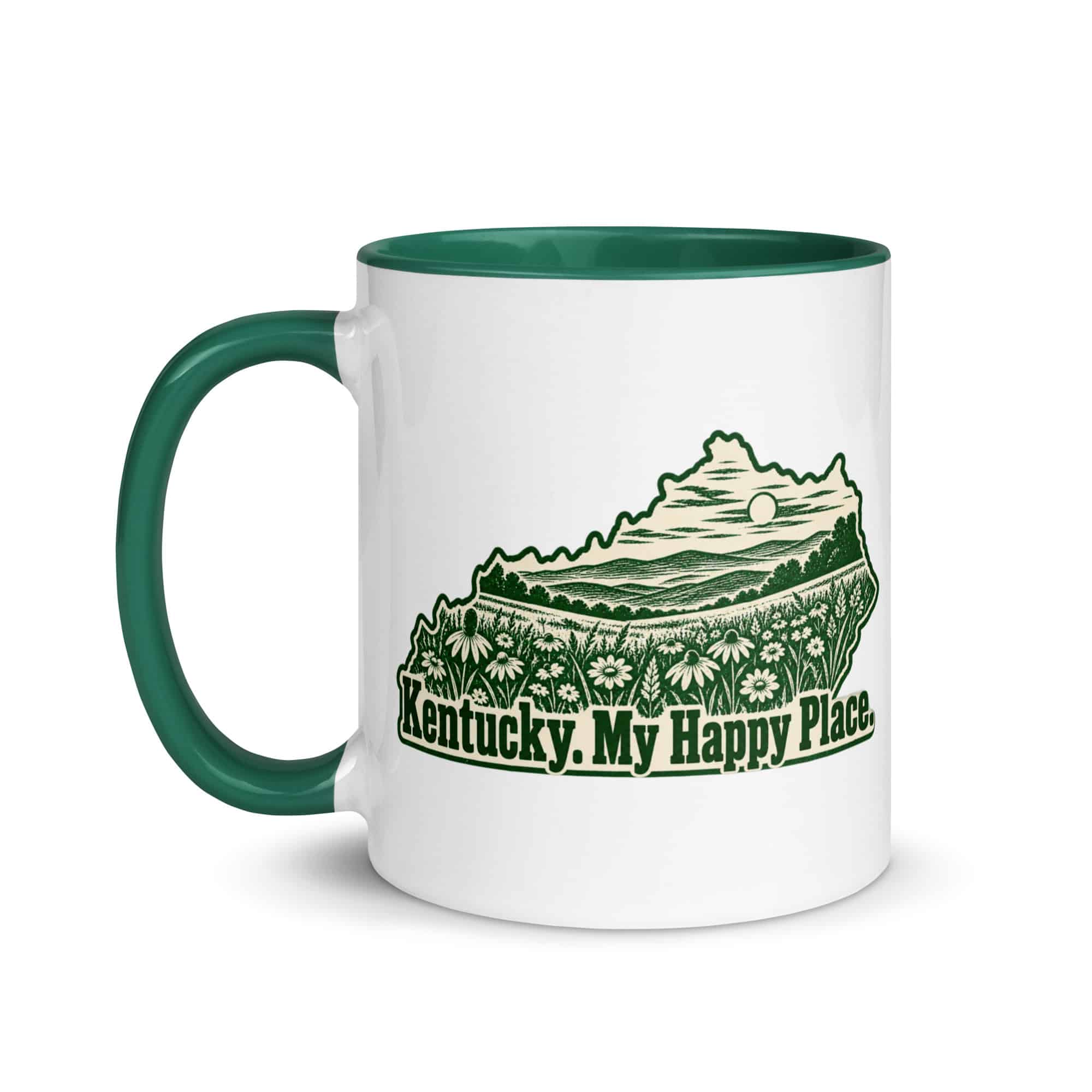 Kentucky Color Inside Coffee Mug: Wildflower meadow, Woodcut Kentucky Silhouette