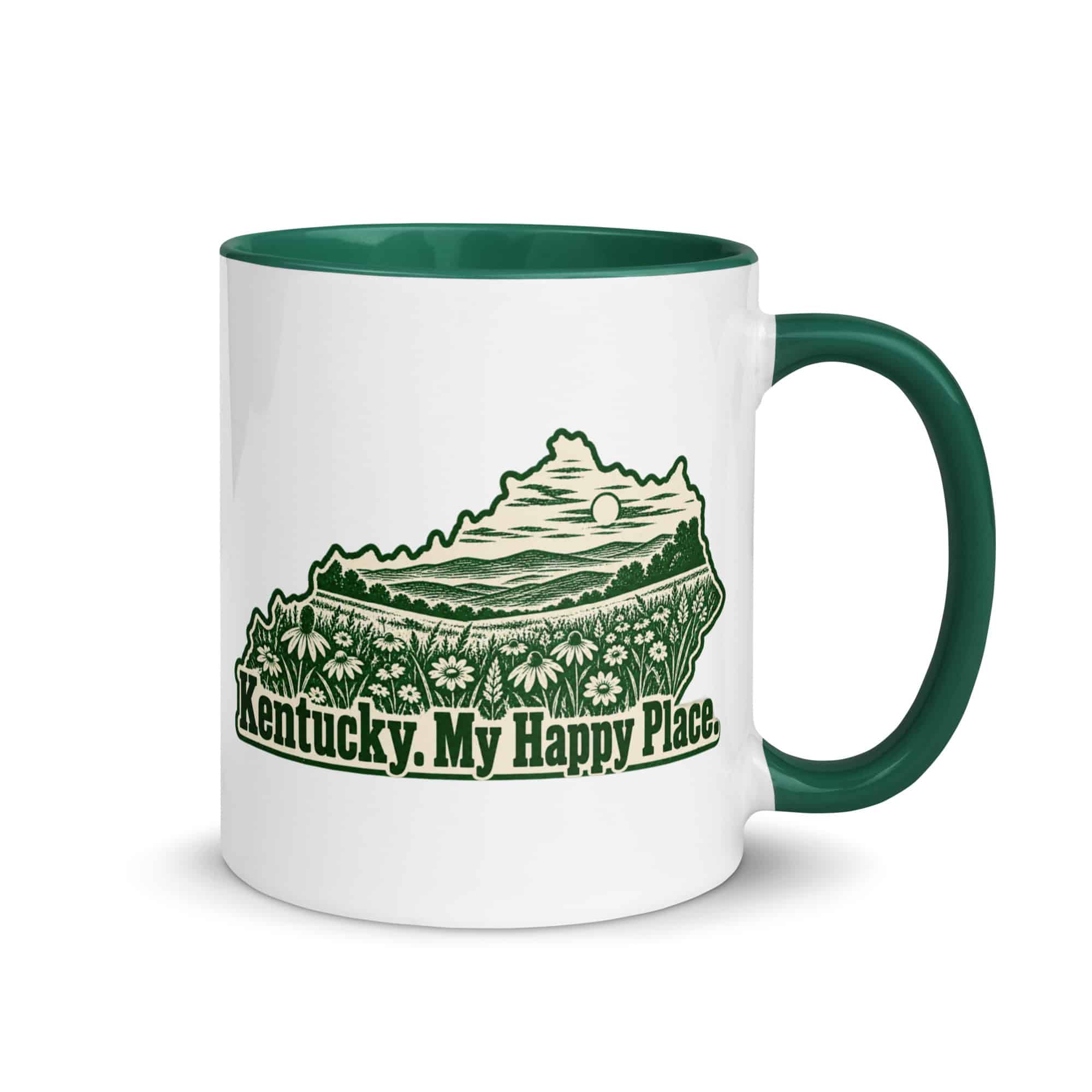 Kentucky Color Inside Coffee Mug: Wildflower meadow, Woodcut Kentucky Silhouette